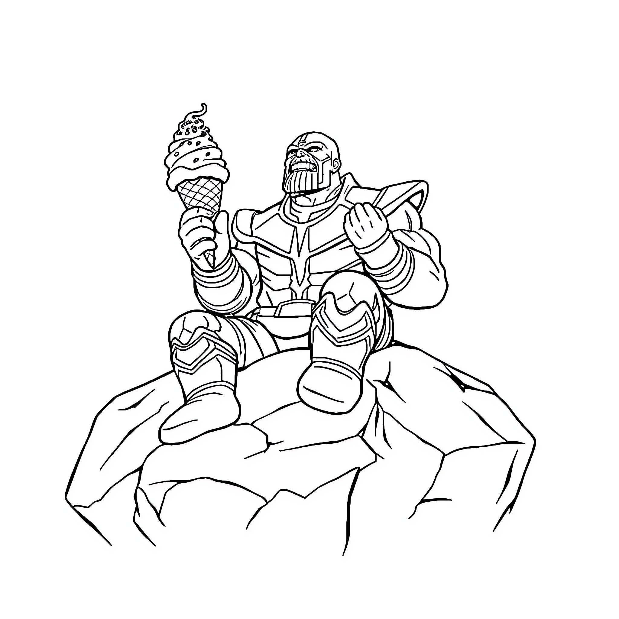 Thanos enjoying an ice cream cone on a rocky outcrop Coloring Page (free black-and-white line drawing printable PDF for all, from beginners to advanced learners, including children, teens, adults, and seniors)