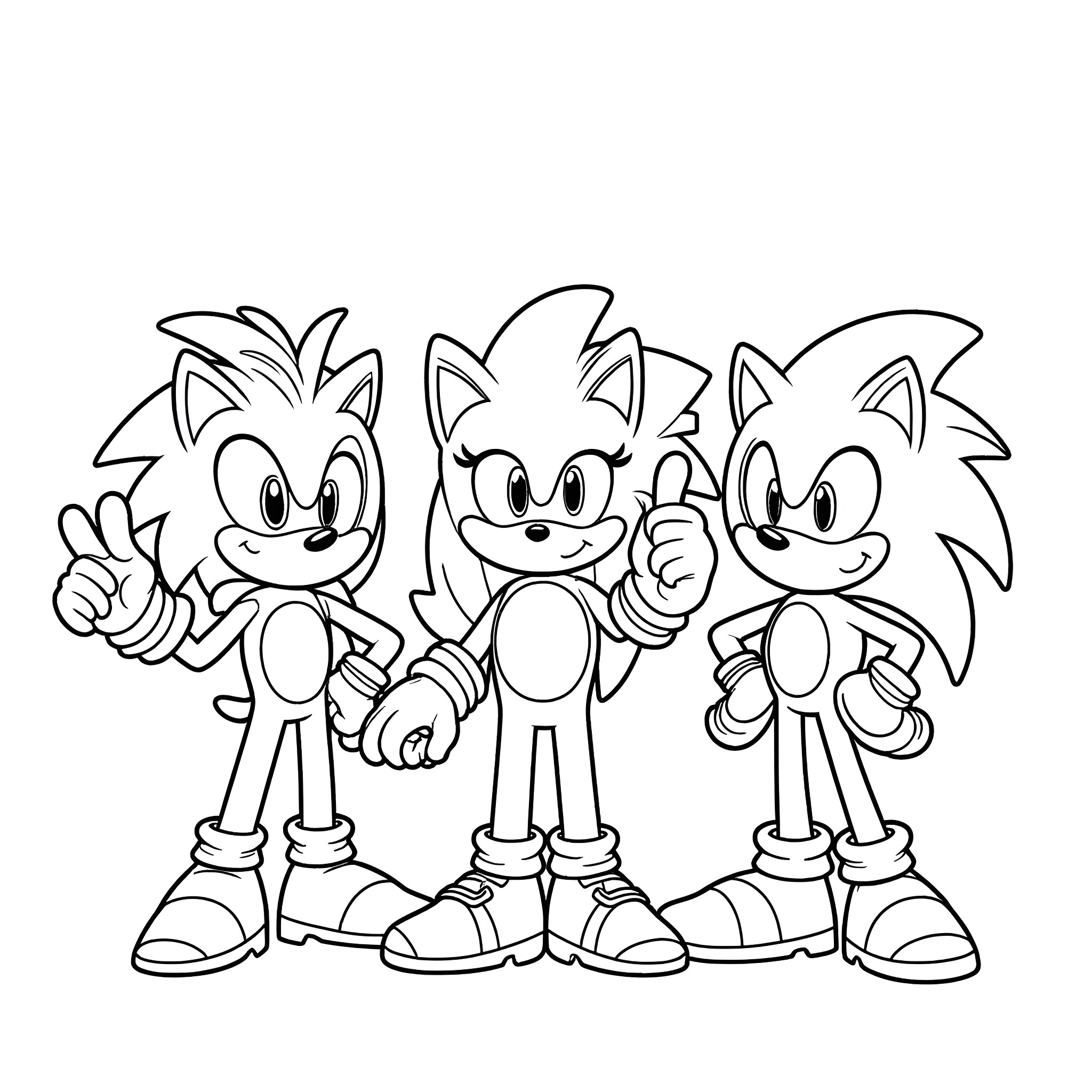 Sonic characters in action poses Coloring Page (free black-and-white line drawing printable PDF for all, from beginners to advanced learners, including children, teens, adults, and seniors)