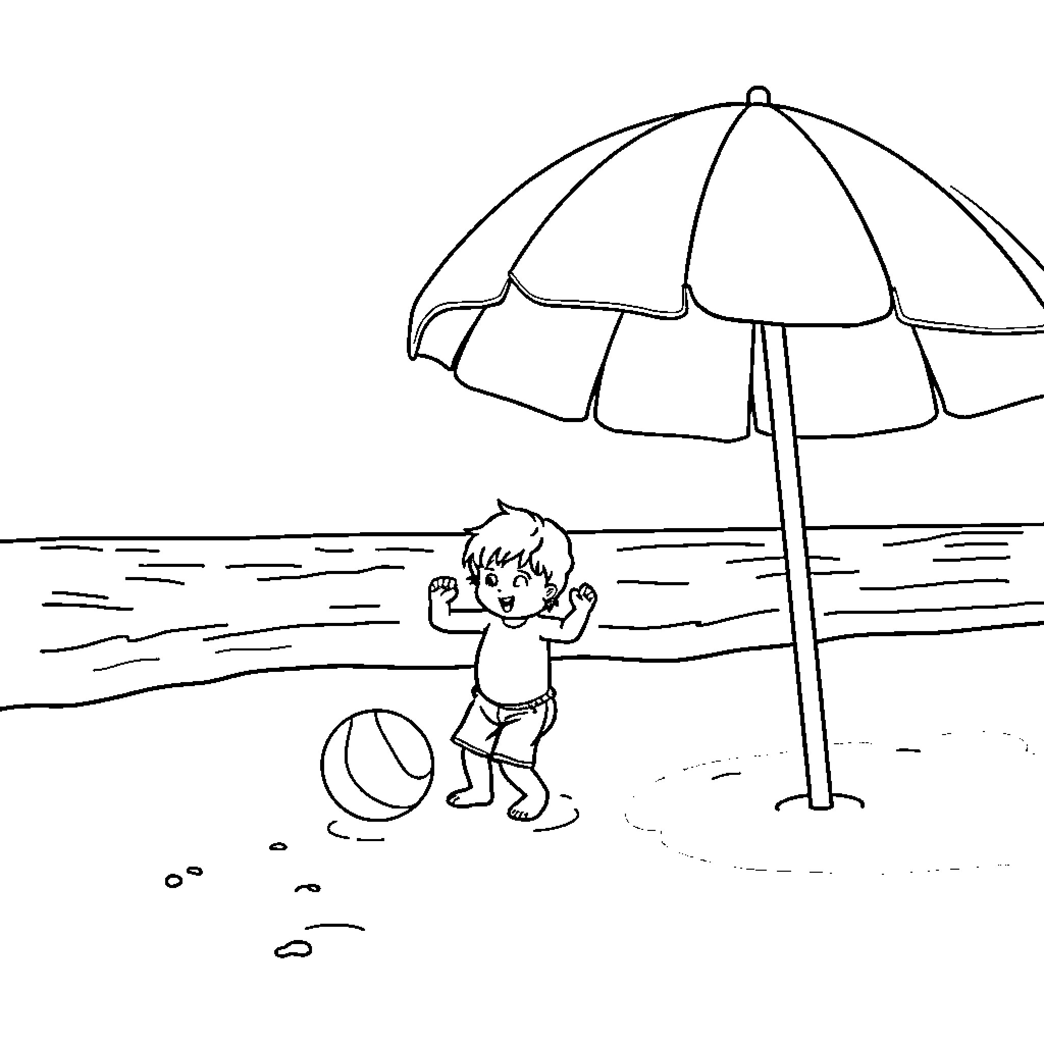 Enfant jouant avec un ballon sur la plage Coloring Page (free black-and-white line drawing printable PDF for all, from beginners to advanced learners, including children, teens, adults, and seniors)