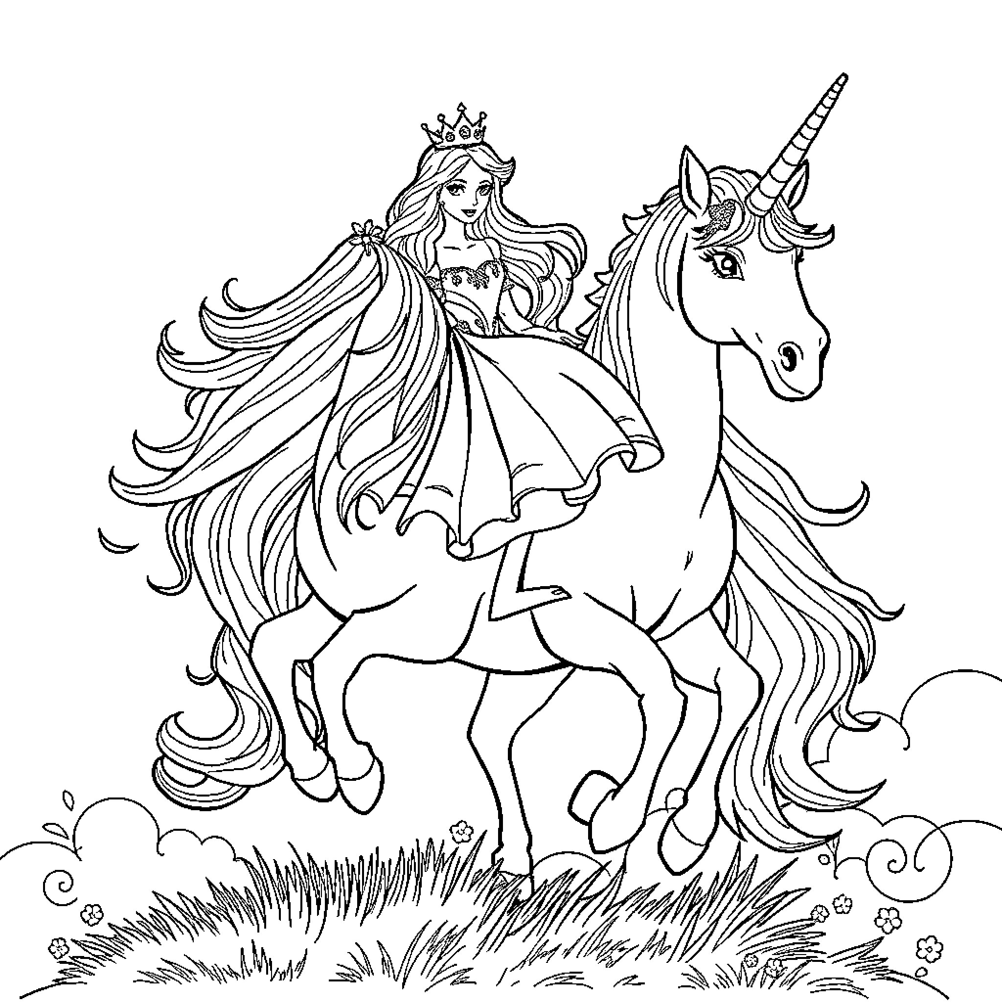 Princess riding a majestic unicorn in a magical garden Coloring Page (free black-and-white line drawing printable PDF for all, from beginners to advanced learners, including children, teens, adults, and seniors)