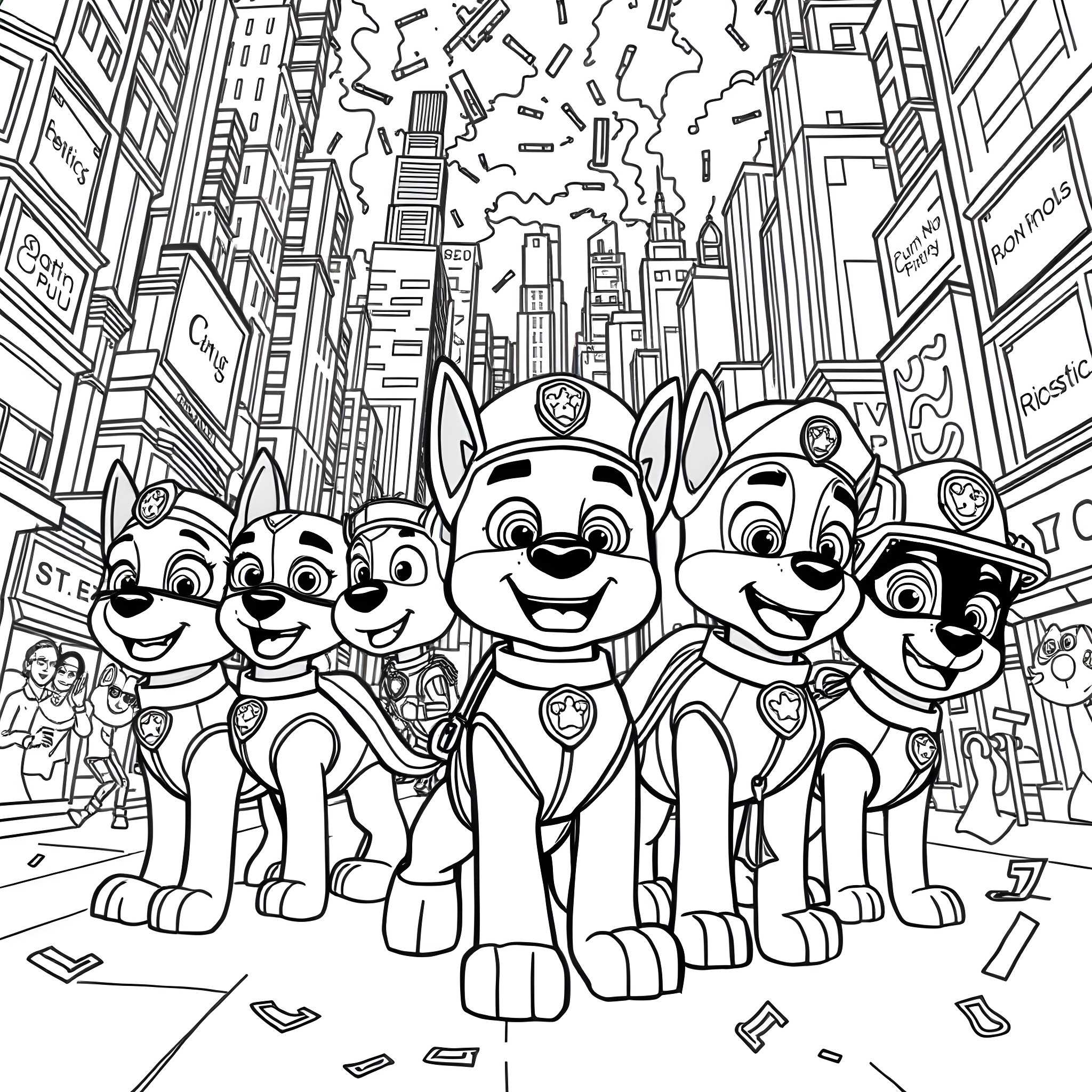 Paw Patrol Saving the City from Chaos Coloring Page (free black-and-white line drawing printable PDF for all, from beginners to advanced learners, including children, teens, adults, and seniors)