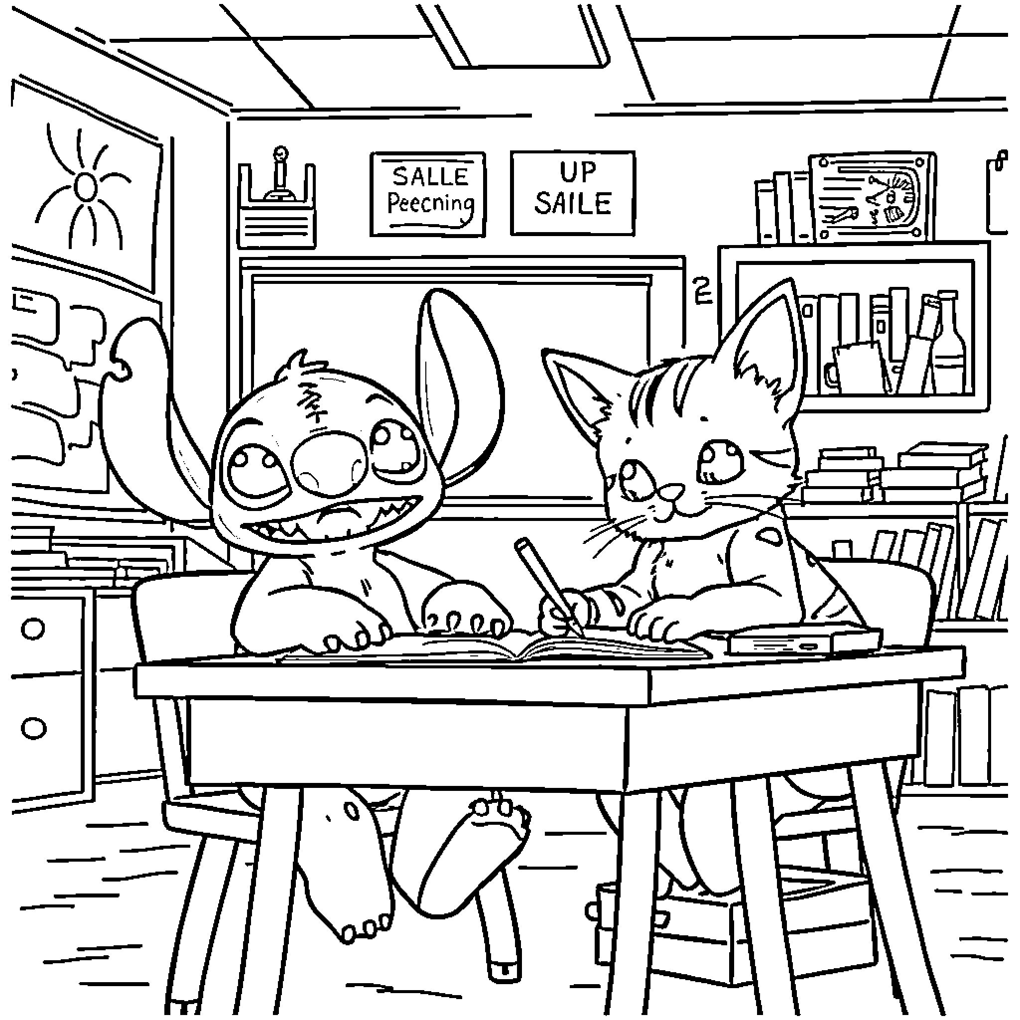 Cat and Friends Study Together in the Classroom Coloring Page (free black-and-white line drawing printable PDF for all, from beginners to advanced learners, including children, teens, adults, and seniors)