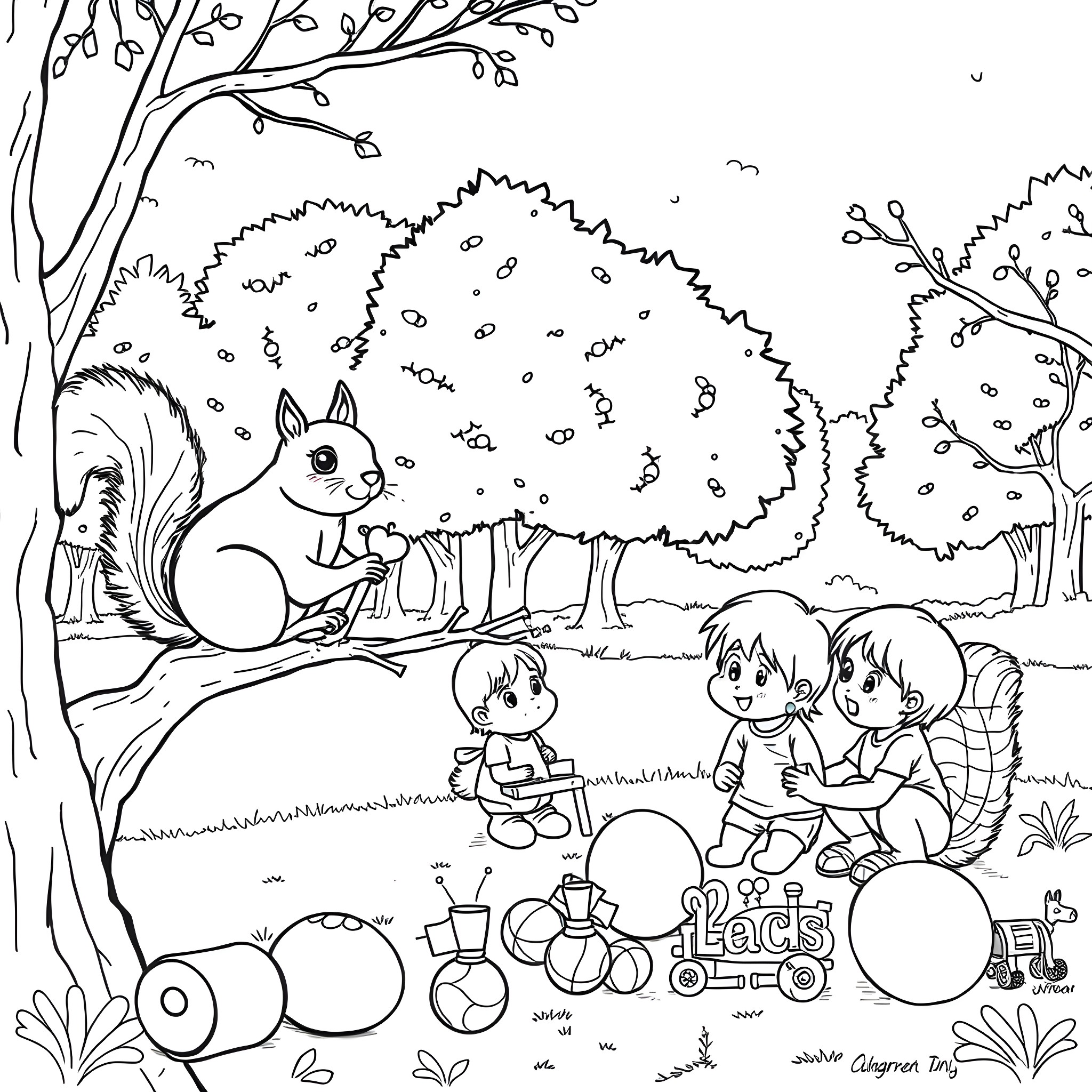 Squirrel observing children playing in the park Coloring Page (free black-and-white line drawing printable PDF for all, from beginners to advanced learners, including children, teens, adults, and seniors)
