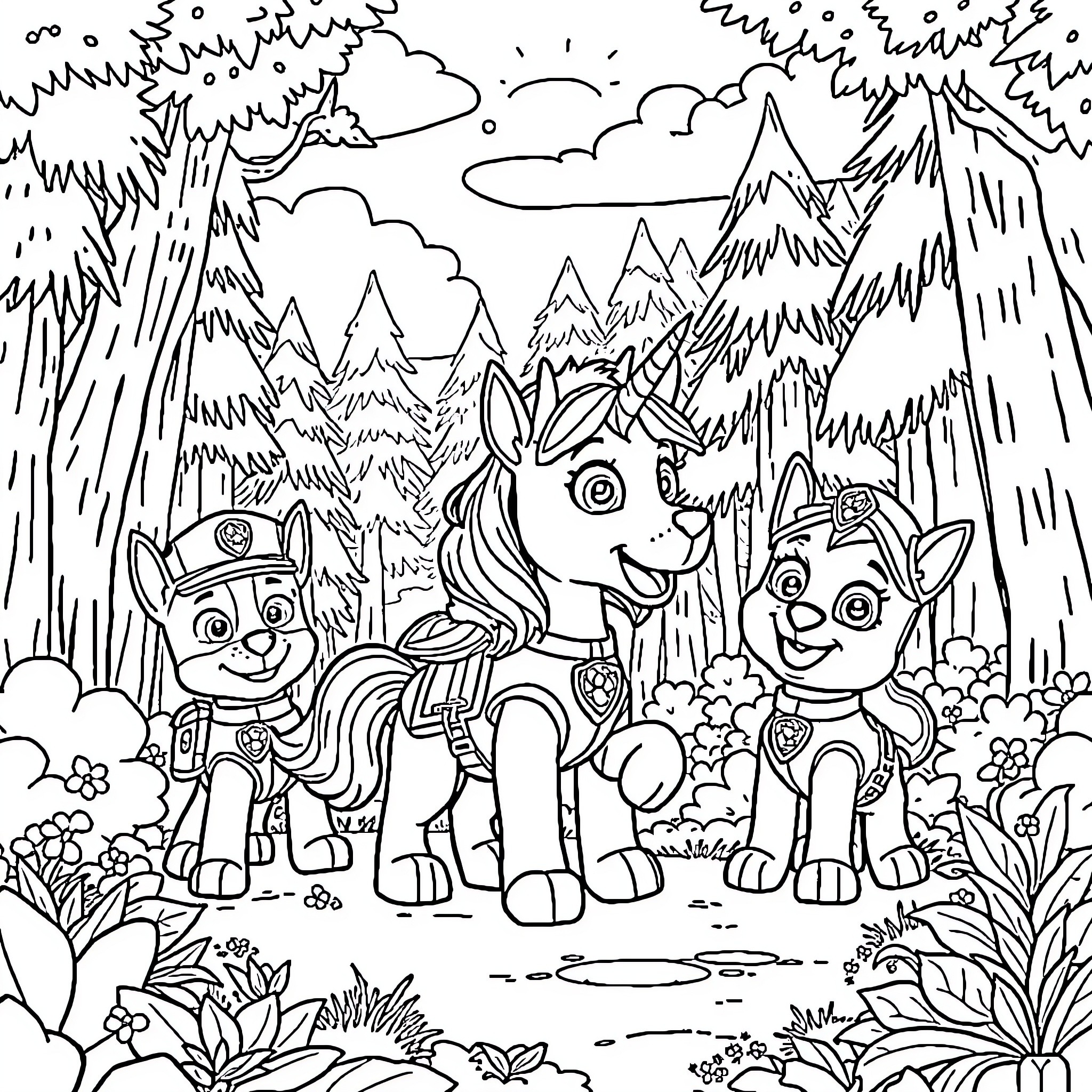 Paw Patrol Pups Exploring the Snowy Wilderness Coloring Page (free black-and-white line drawing printable PDF for all, from beginners to advanced learners, including children, teens, adults, and seniors)