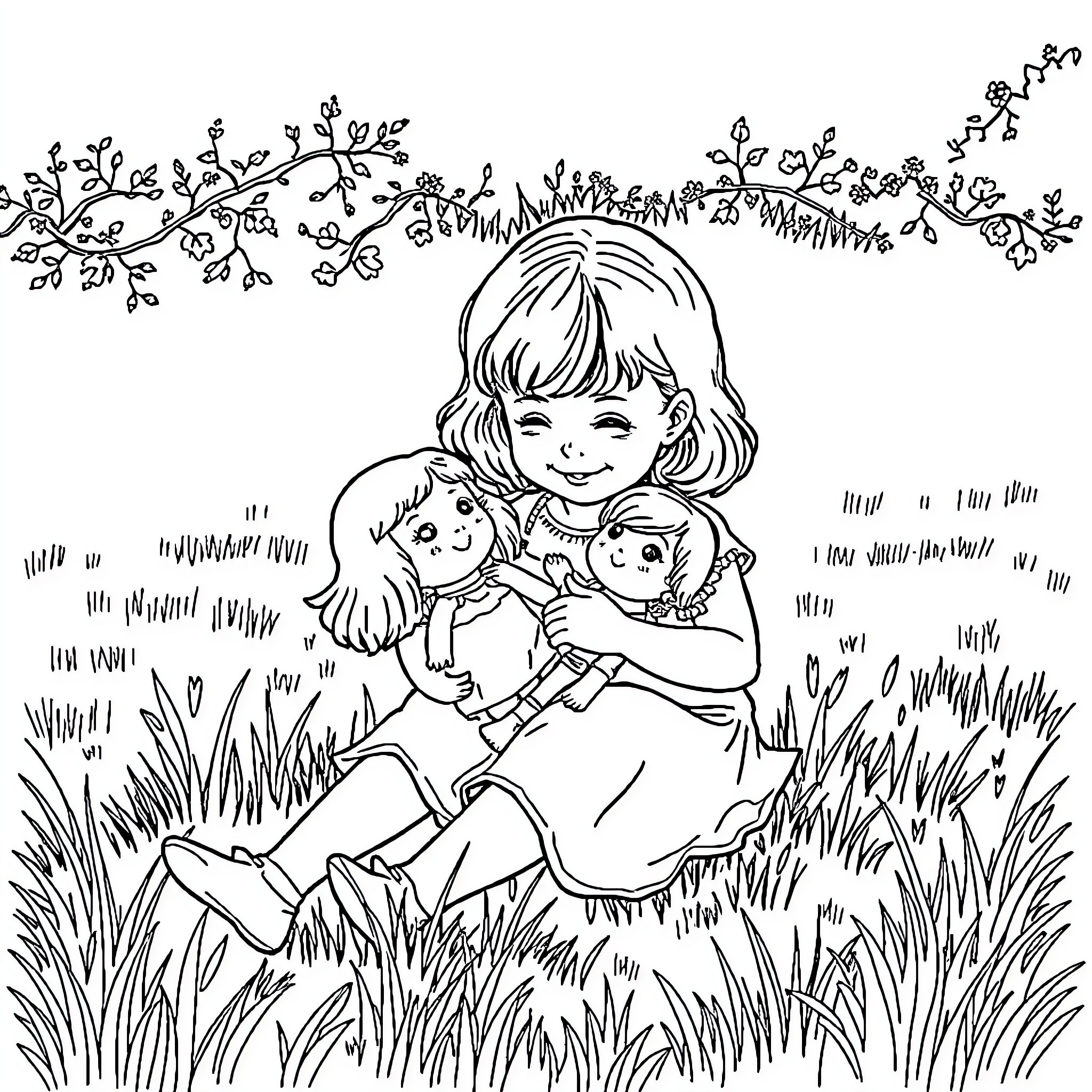 Girl Hugging Stuffed Animals in Flowery Field Coloring Page (free black-and-white line drawing printable PDF for all, from beginners to advanced learners, including children, teens, adults, and seniors)