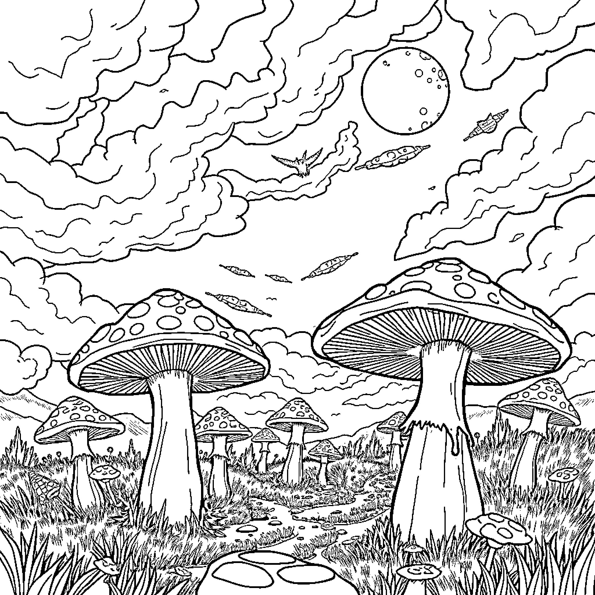 Mushroom fantasy landscape with mysterious sky Coloring Page (free black-and-white line drawing printable PDF for all, from beginners to advanced learners, including children, teens, adults, and seniors)
