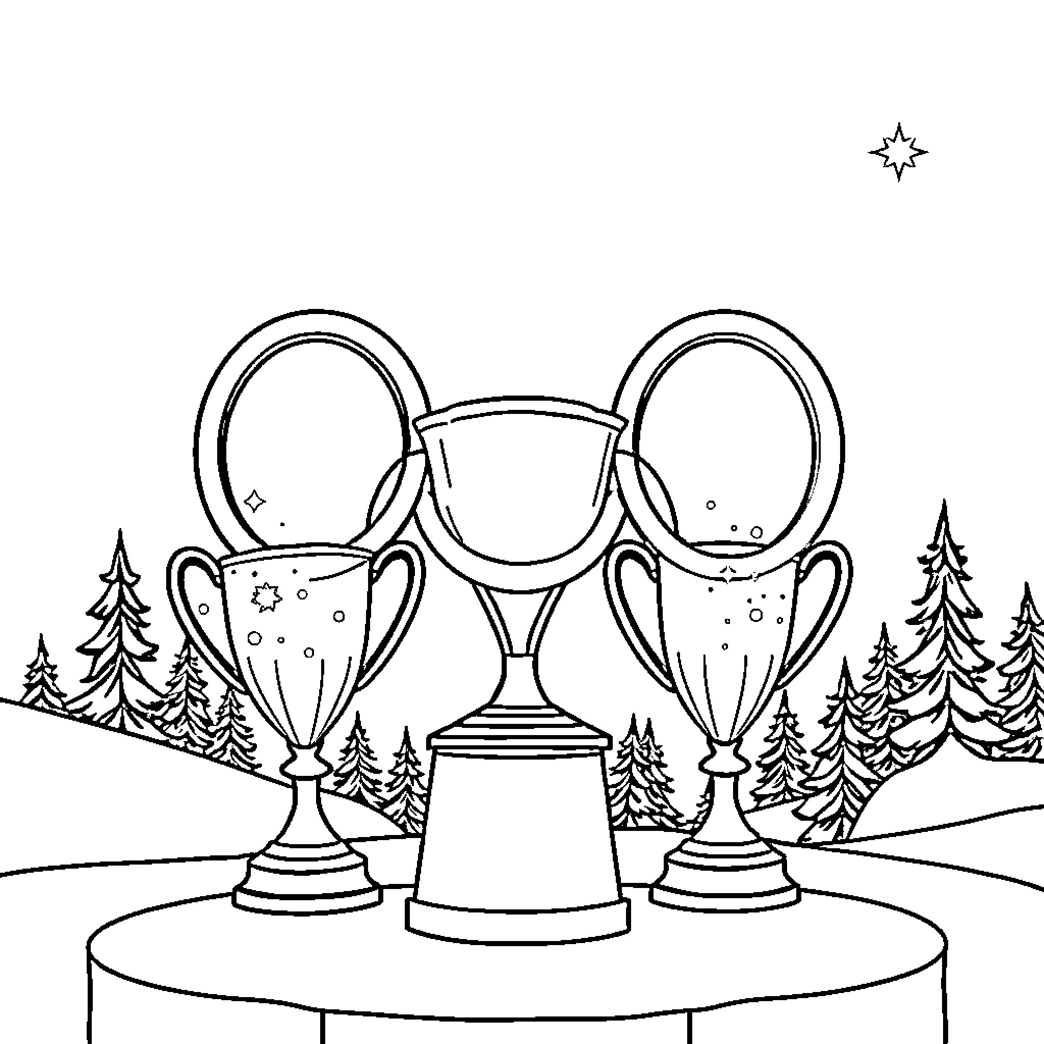 Olympic Rings Featuring Trophies and Winter Landscape Coloring Page (free black-and-white line drawing printable PDF for all, from beginners to advanced learners, including children, teens, adults, and seniors)