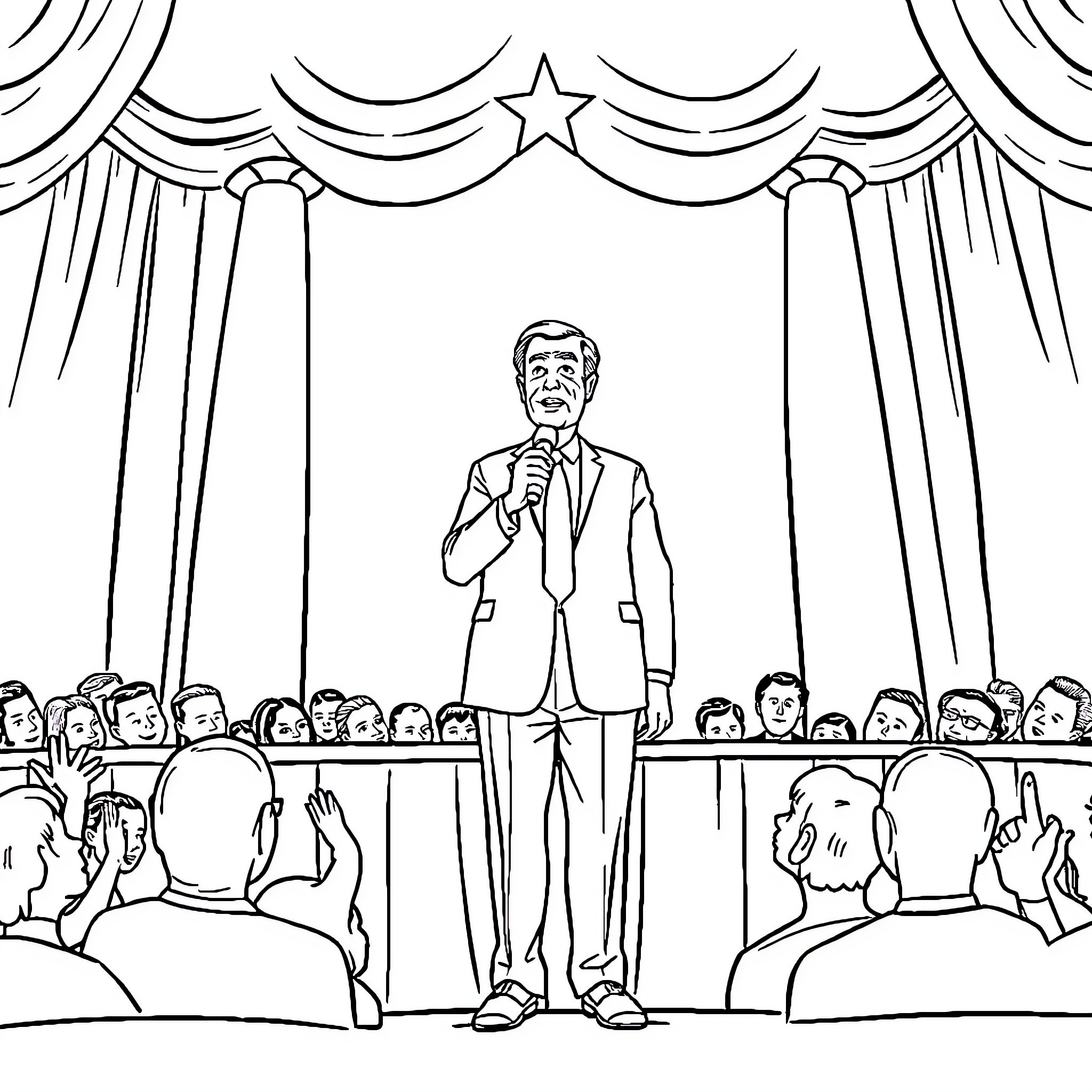 President Addressing Audience on Stage Coloring Page (free black-and-white line drawing printable PDF for all, from beginners to advanced learners, including children, teens, adults, and seniors)