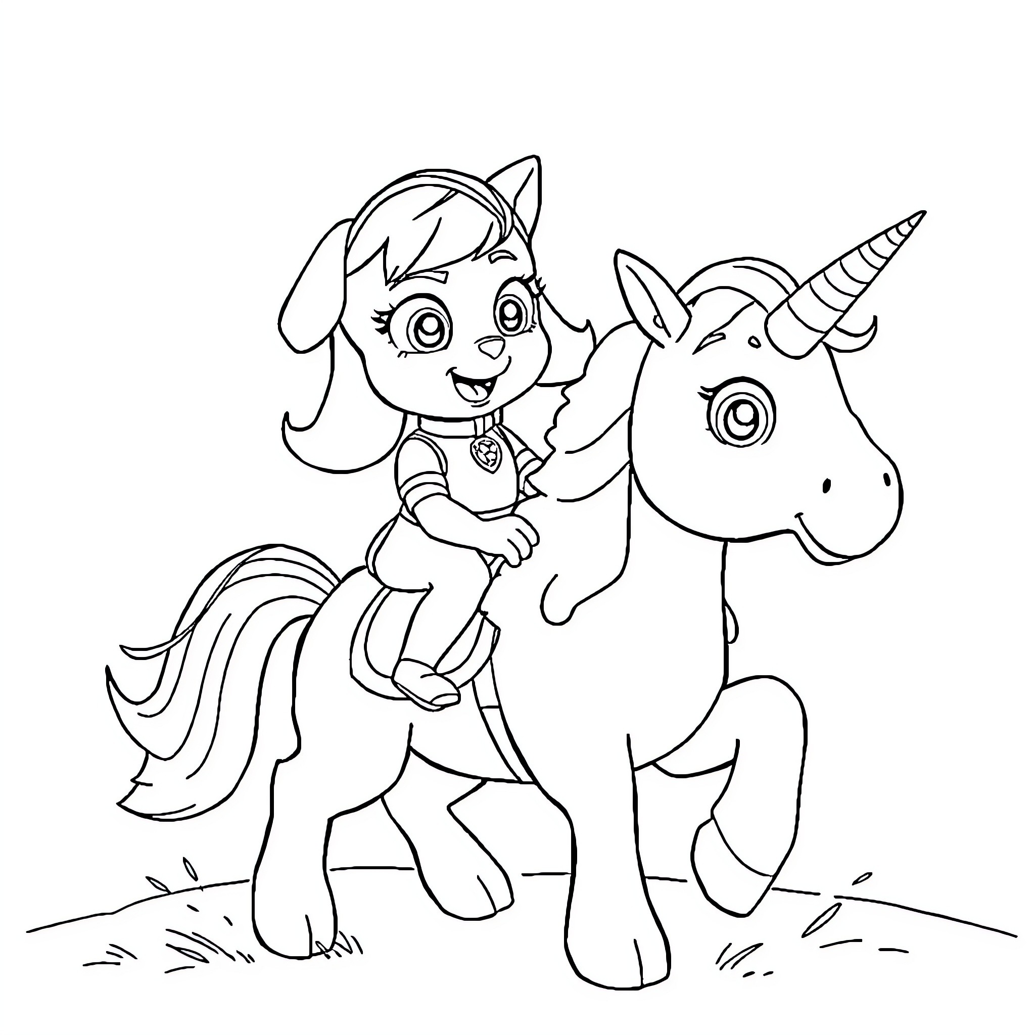 Skye playing happily with her unicorn friend Coloring Page (free black-and-white line drawing printable PDF for all, from beginners to advanced learners, including children, teens, adults, and seniors)