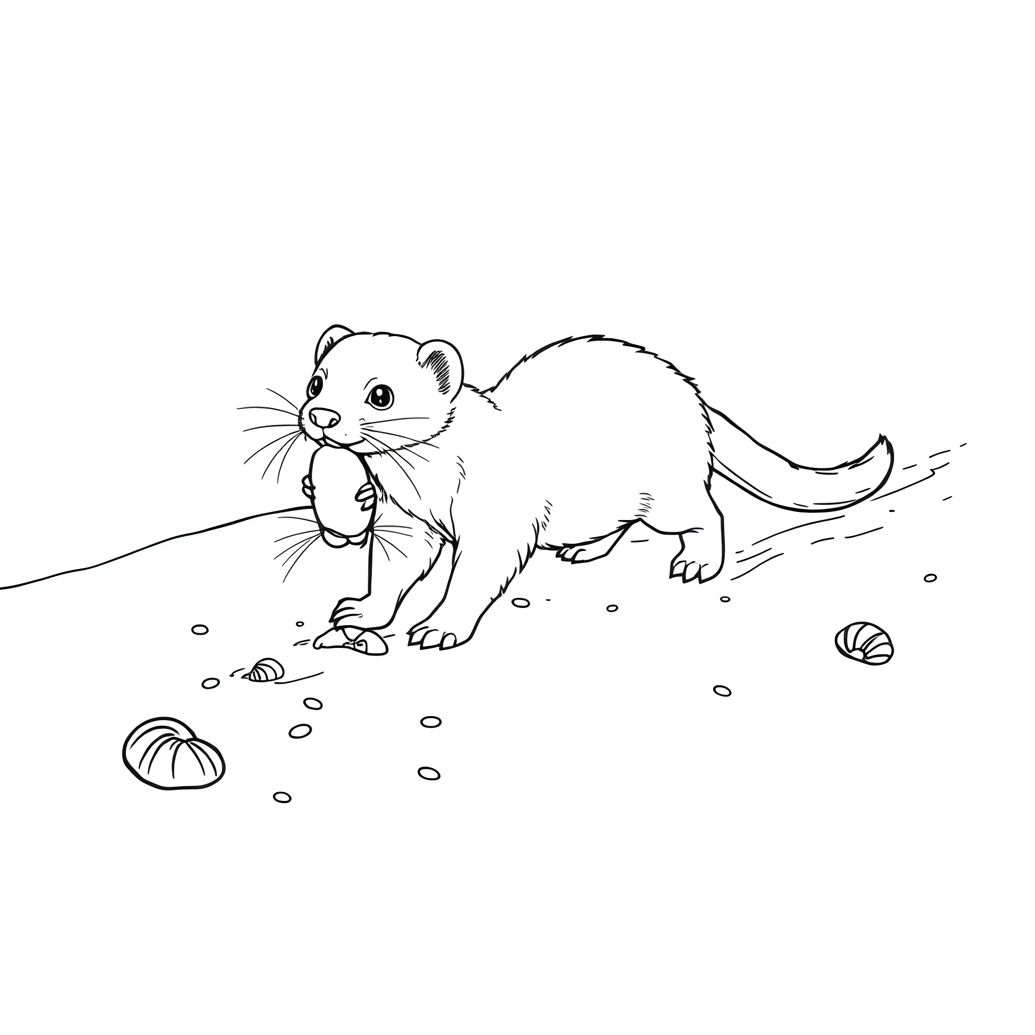 Ferret exploring playfully on the ground Coloring Page (free black-and-white line drawing printable PDF for all, from beginners to advanced learners, including children, teens, adults, and seniors)
