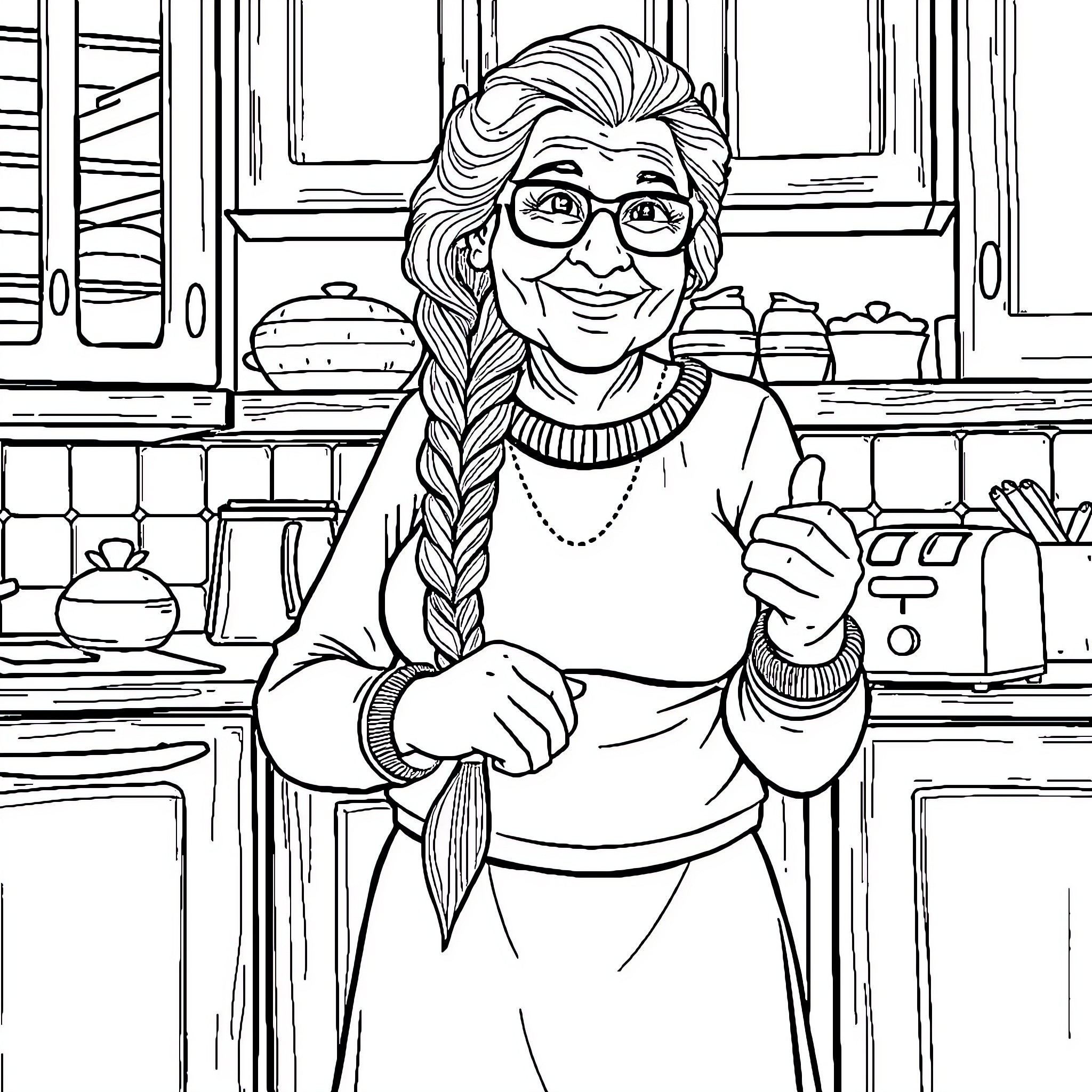 Granny Cooking Happily in the Kitchen Coloring Page (free black-and-white line drawing printable PDF for all, from beginners to advanced learners, including children, teens, adults, and seniors)