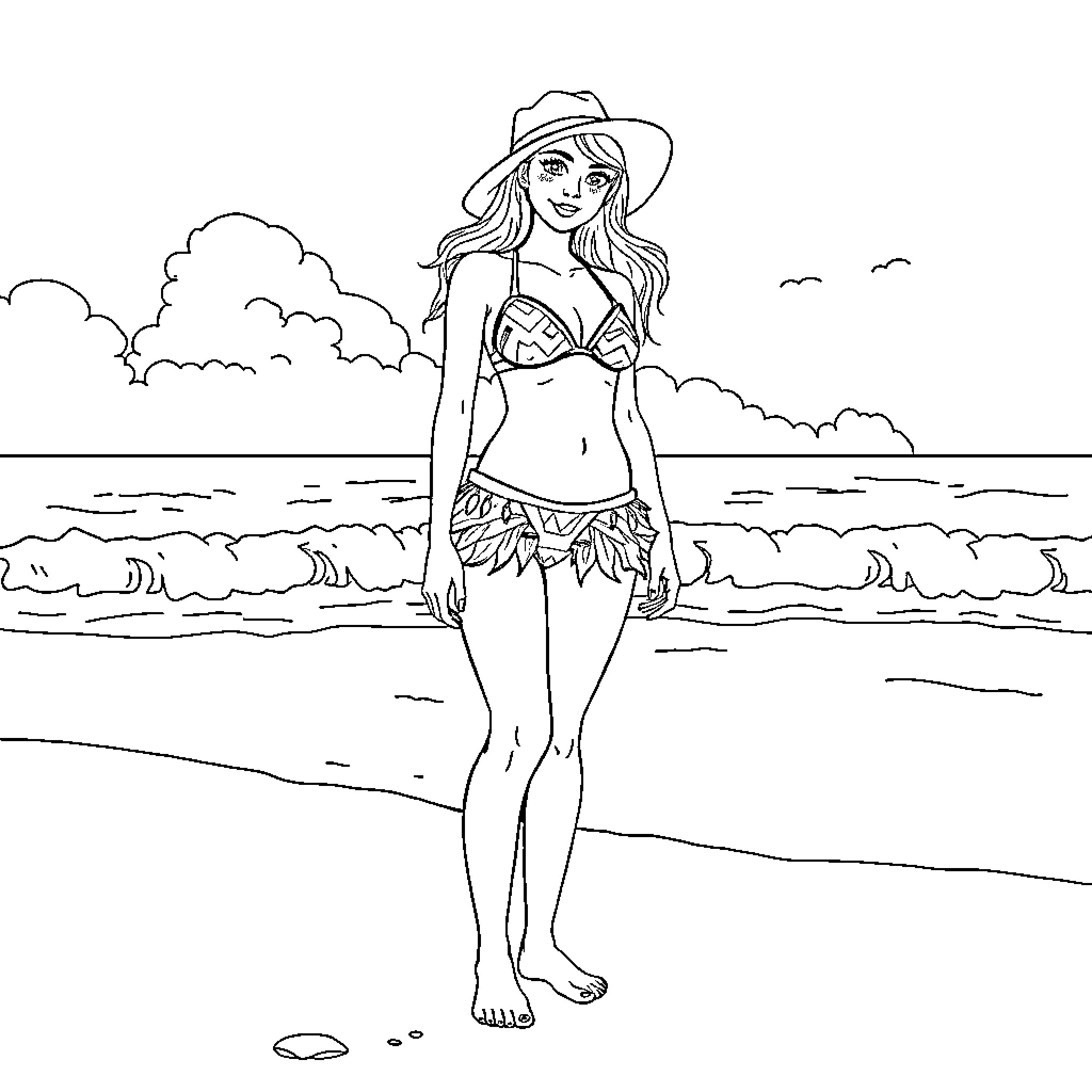 Girl in beachwear enjoying the seaside Coloring Page (free black-and-white line drawing printable PDF for all, from beginners to advanced learners, including children, teens, adults, and seniors)