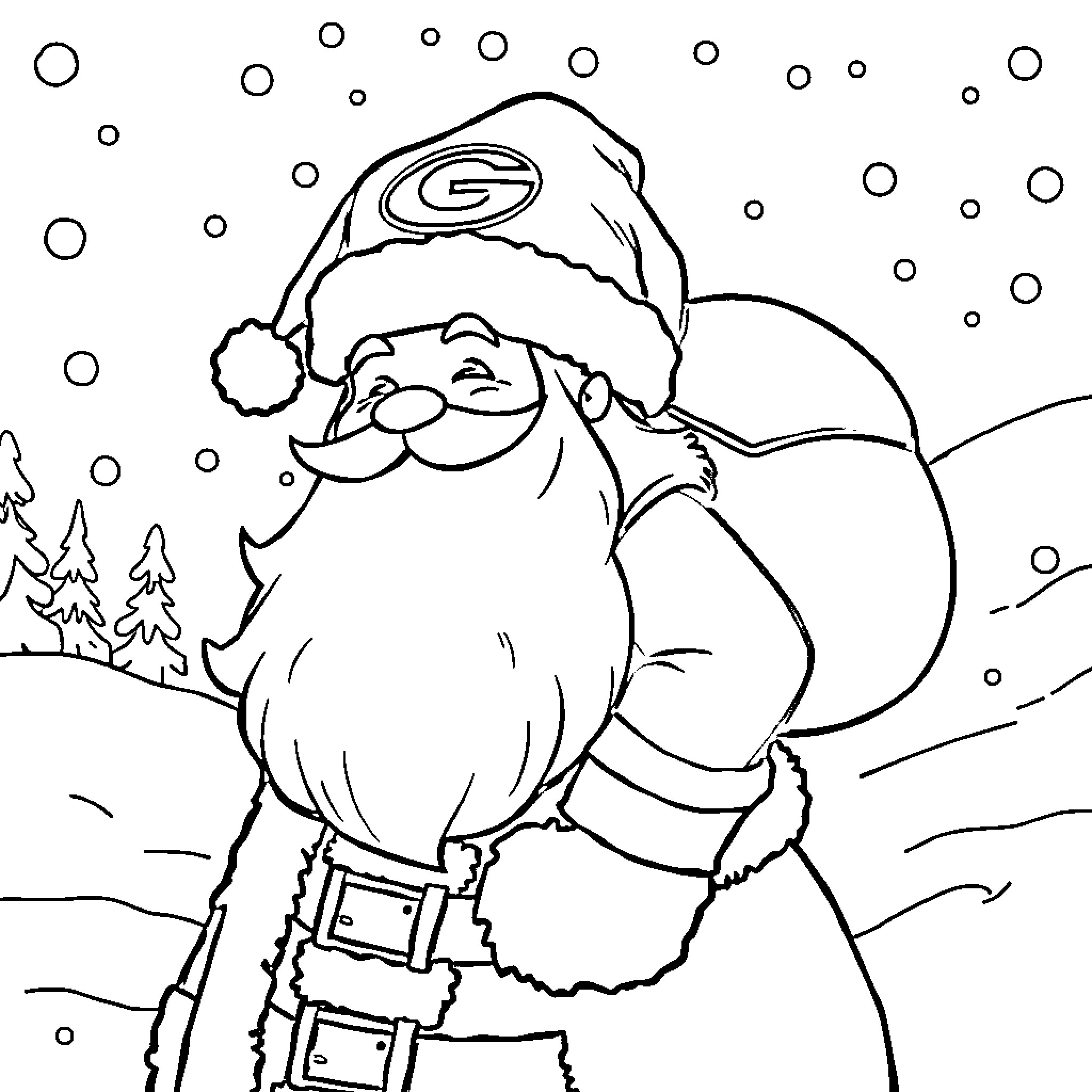Santa Claus enjoying snowy winter scene Coloring Page (free black-and-white line drawing printable PDF for all, from beginners to advanced learners, including children, teens, adults, and seniors)