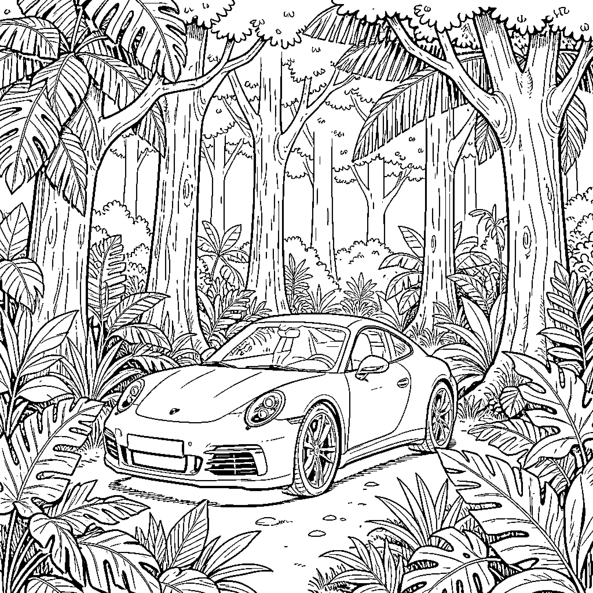 Porsche driving through a lush tropical jungle Coloring Page (free black-and-white line drawing printable PDF for all, from beginners to advanced learners, including children, teens, adults, and seniors)