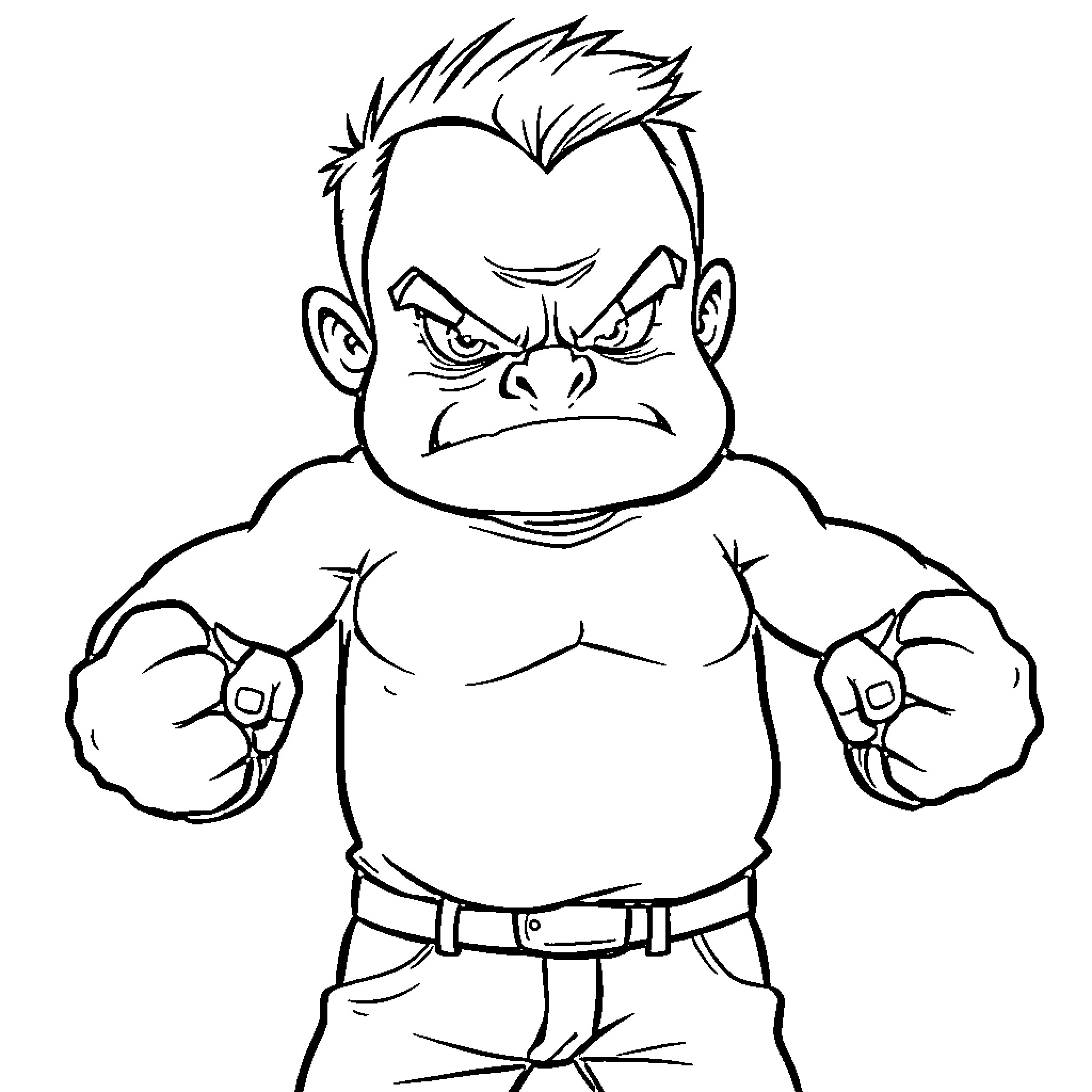 Man displaying angry expression and muscular build Coloring Page (free black-and-white line drawing printable PDF for all, from beginners to advanced learners, including children, teens, adults, and seniors)
