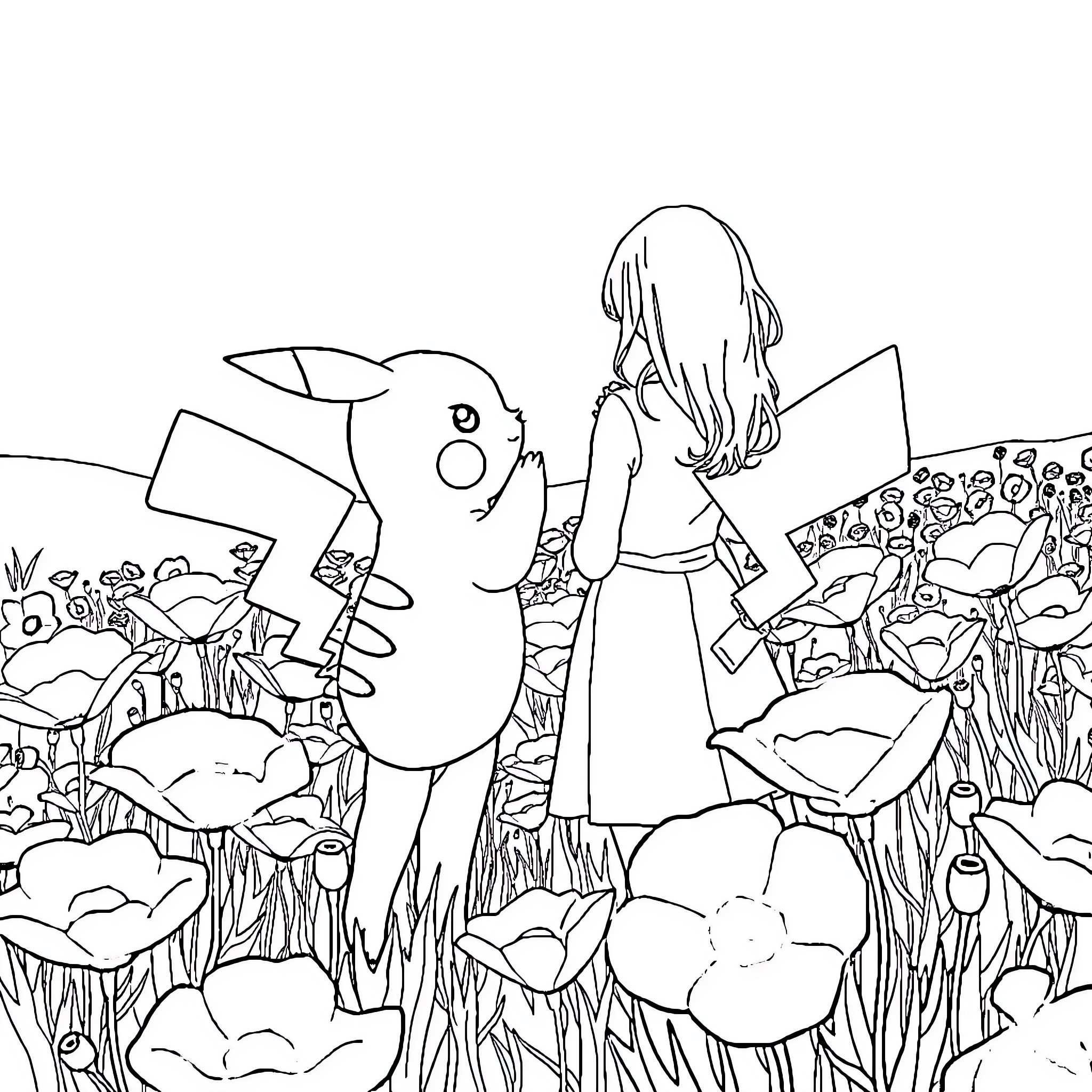 Pikachu and friends explore the magical forest Coloring Page (free black-and-white line drawing printable PDF for all, from beginners to advanced learners, including children, teens, adults, and seniors)