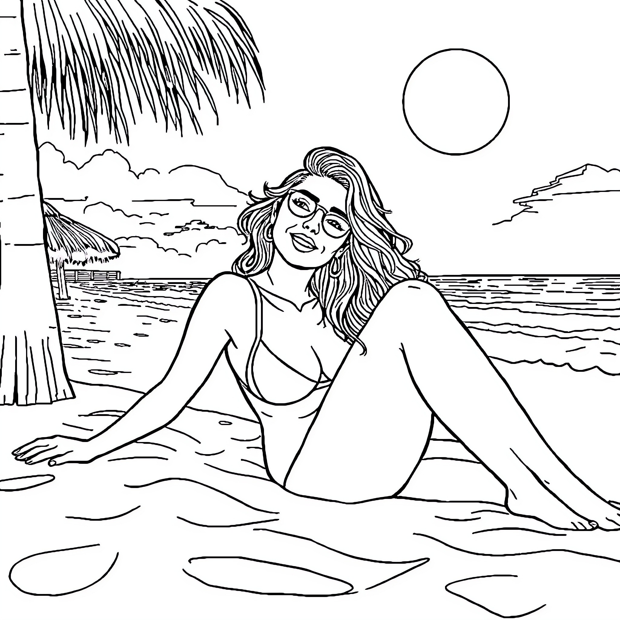 Babe enjoying a sunny day at the beach Coloring Page (free black-and-white line drawing printable PDF for all, from beginners to advanced learners, including children, teens, adults, and seniors)