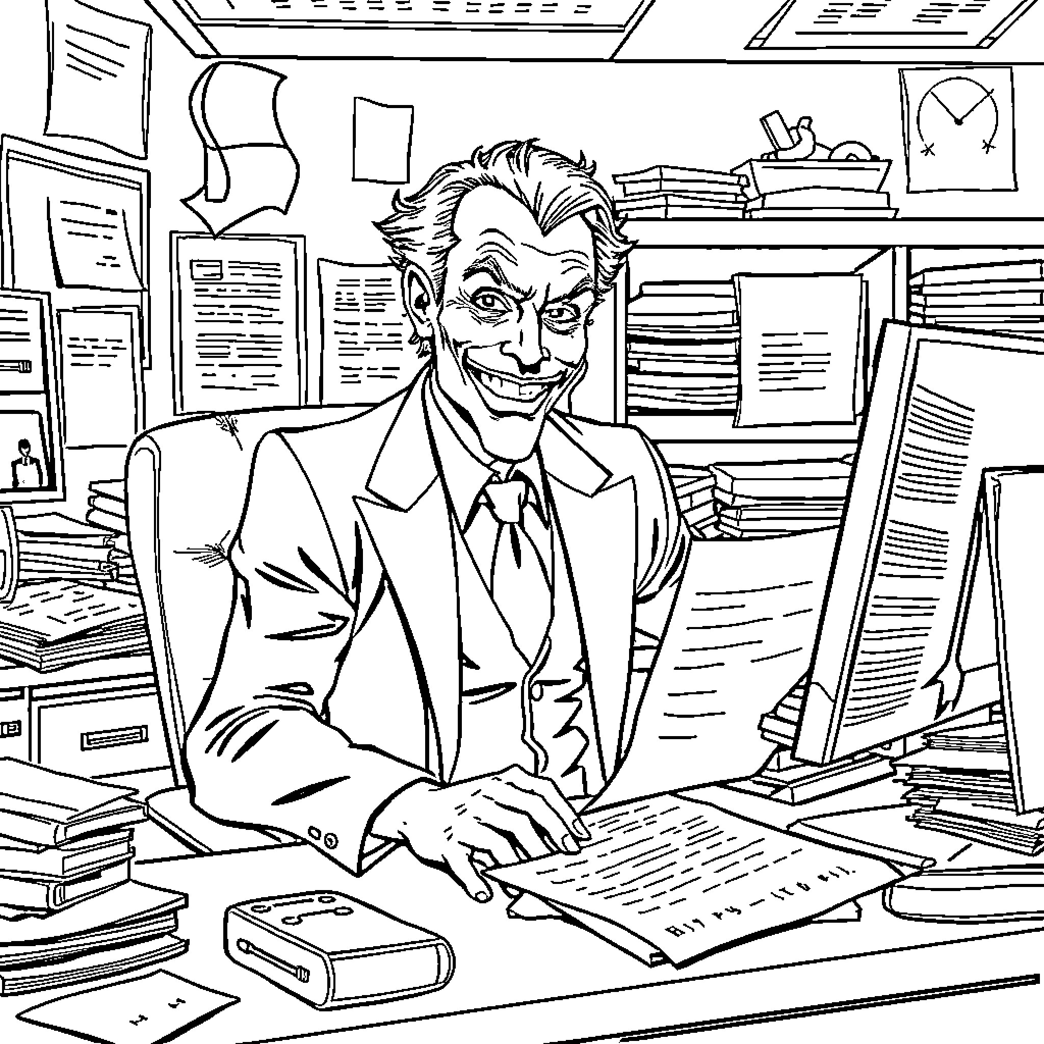 Joker's Chaotic Office Workspace Coloring Page (free black-and-white line drawing printable PDF for all, from beginners to advanced learners, including children, teens, adults, and seniors)
