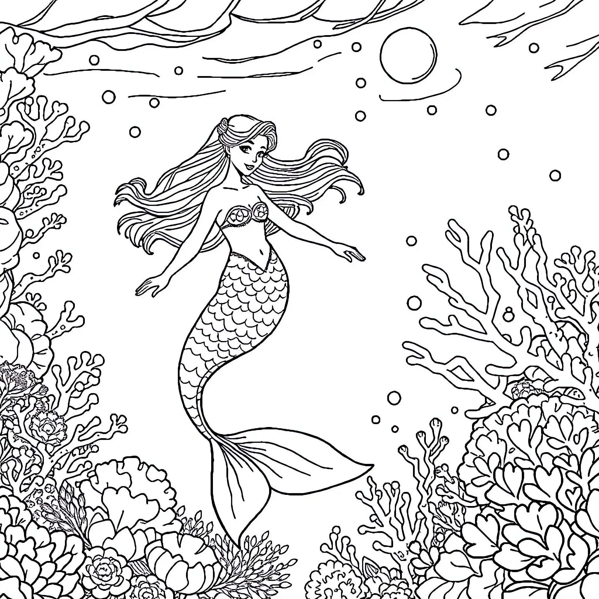Mermaid swimming gracefully among coral reefs Coloring Page (free black-and-white line drawing printable PDF for all, from beginners to advanced learners, including children, teens, adults, and seniors)