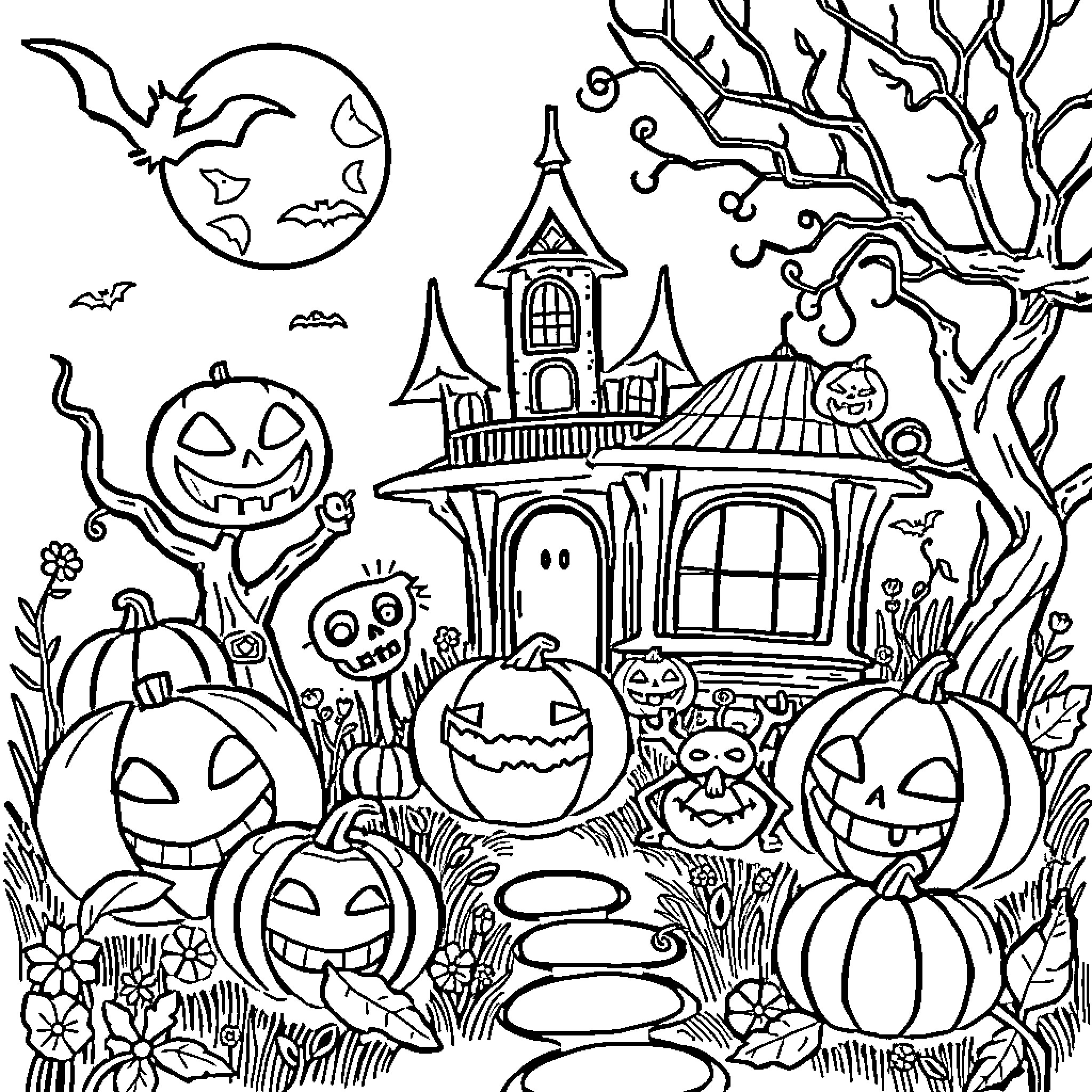 Halloween spooky haunted house and jack-o-lanterns Coloring Page (free black-and-white line drawing printable PDF for all, from beginners to advanced learners, including children, teens, adults, and seniors)