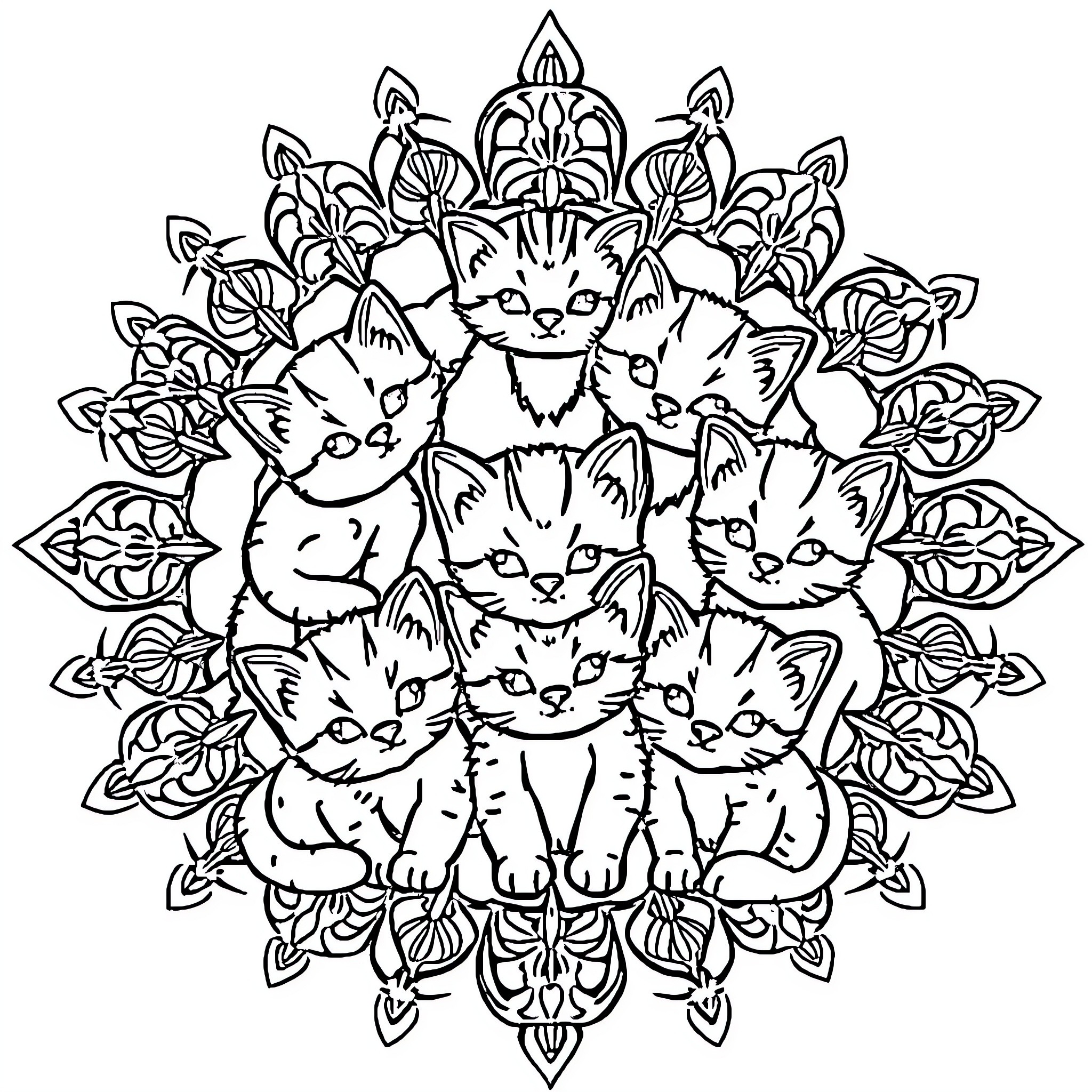 Kittens sitting within a decorative floral pattern Coloring Page (free black-and-white line drawing printable PDF for all, from beginners to advanced learners, including children, teens, adults, and seniors)