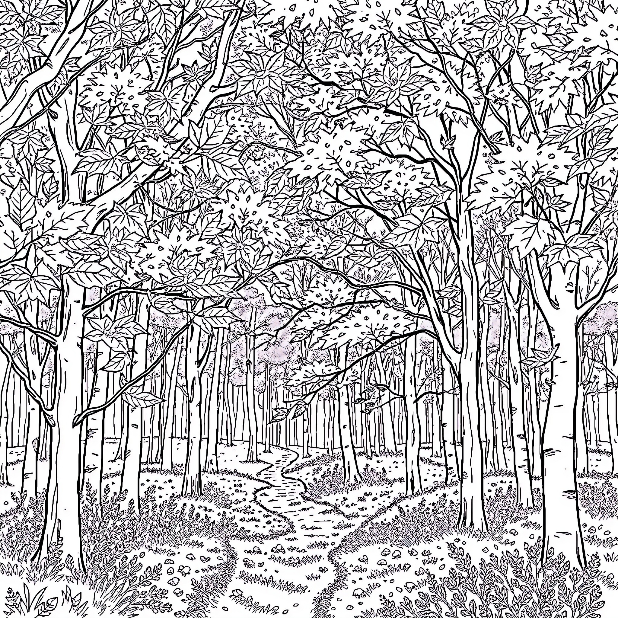 Forest scenery with intricate plant life Coloring Page (free black-and-white line drawing printable PDF for all, from beginners to advanced learners, including children, teens, adults, and seniors)