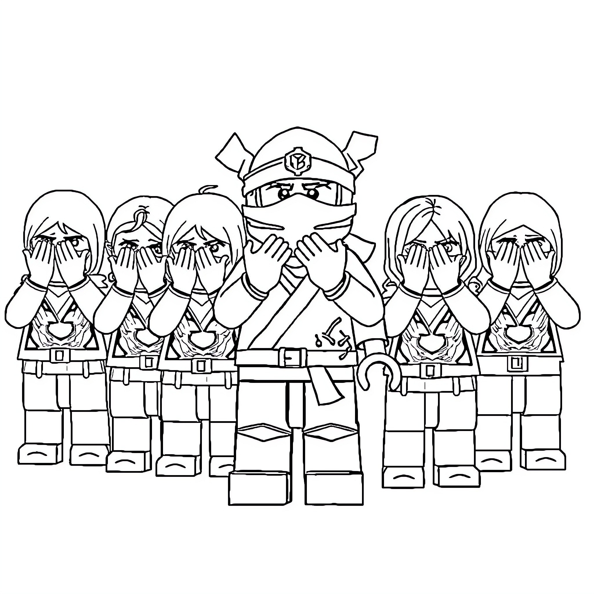 Ninjago warriors in heroic poses Coloring Page (free black-and-white line drawing printable PDF for all, from beginners to advanced learners, including children, teens, adults, and seniors)
