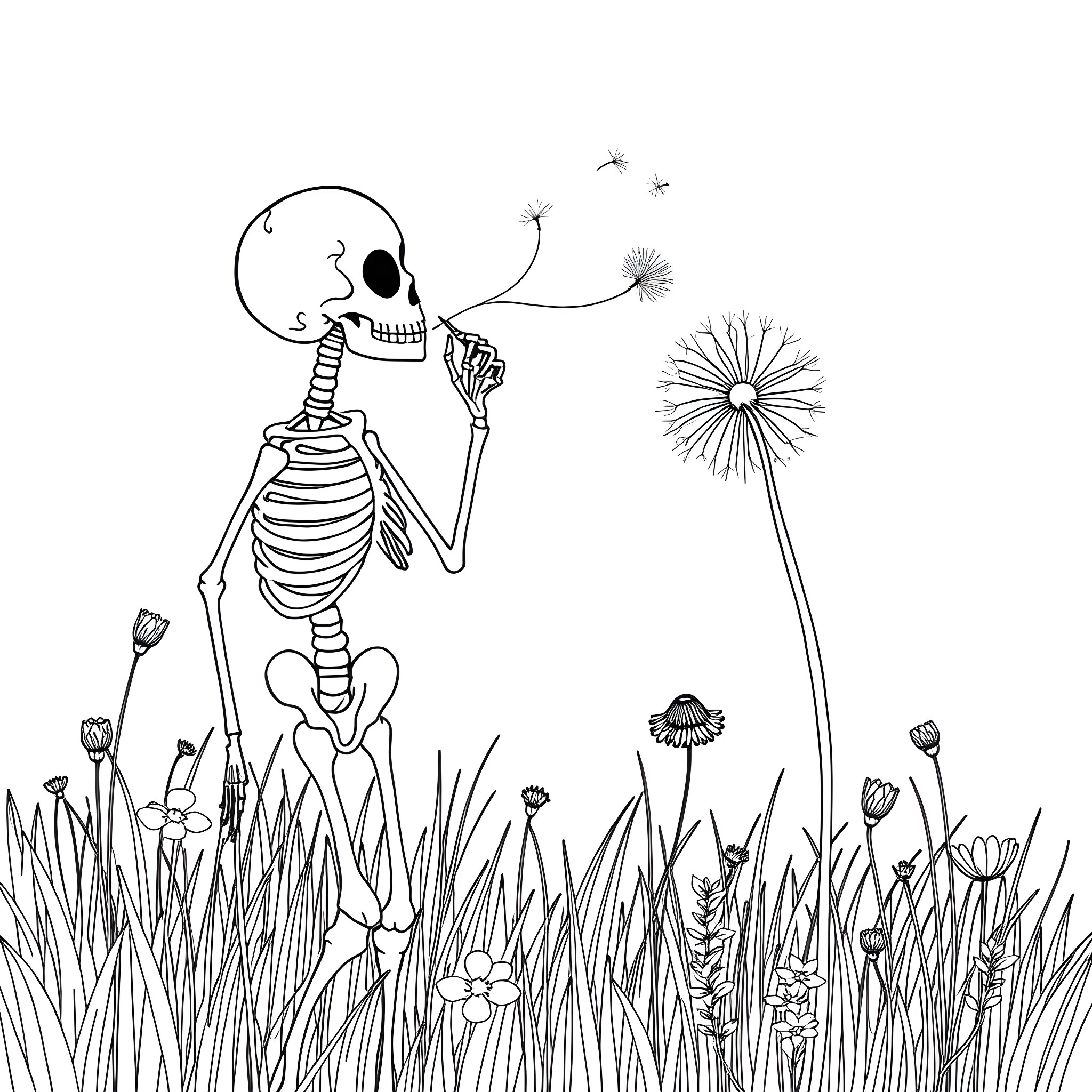 Skeleton Blowing Dandelion Flowers in Meadow Coloring Page (free black-and-white line drawing printable PDF for all, from beginners to advanced learners, including children, teens, adults, and seniors)