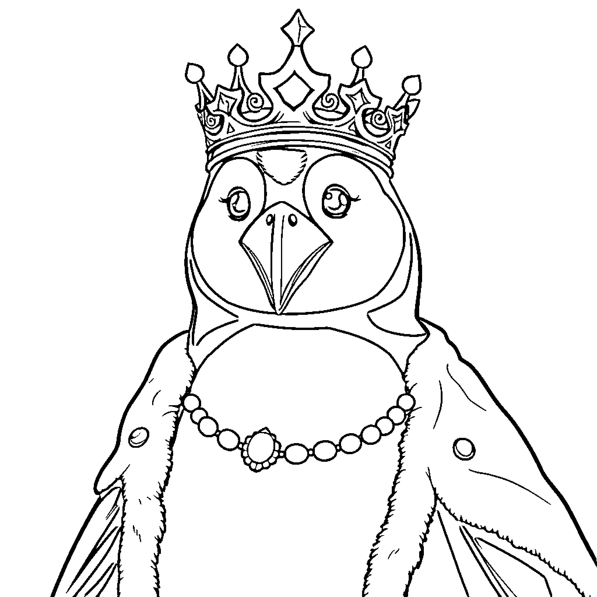 Penguin wearing a crown and necklace Coloring Page (free black-and-white line drawing printable PDF for all, from beginners to advanced learners, including children, teens, adults, and seniors)
