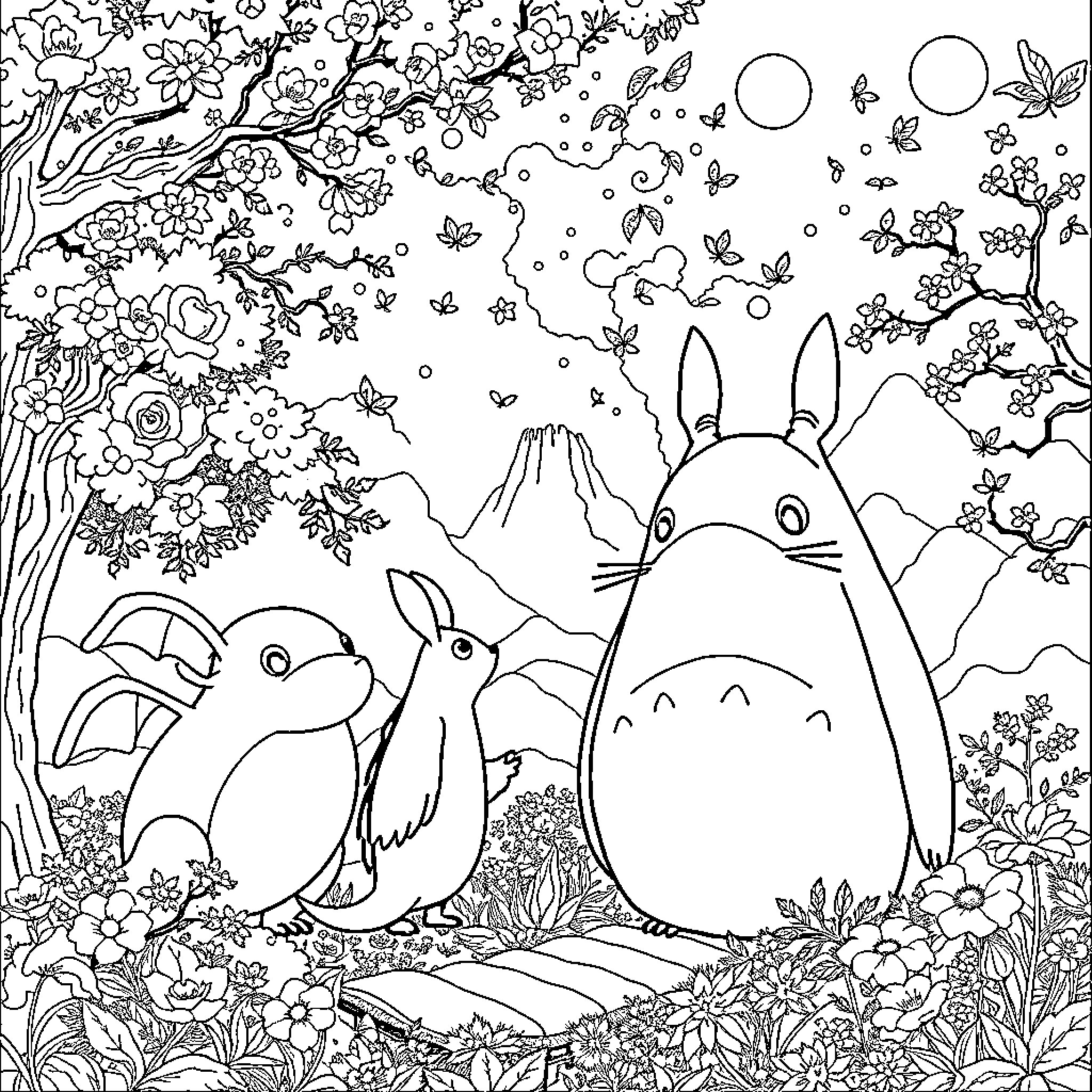 Studio Ghibli Characters Exploring Whimsical Floral Landscape Coloring Page (free black-and-white line drawing printable PDF for all, from beginners to advanced learners, including children, teens, adults, and seniors)