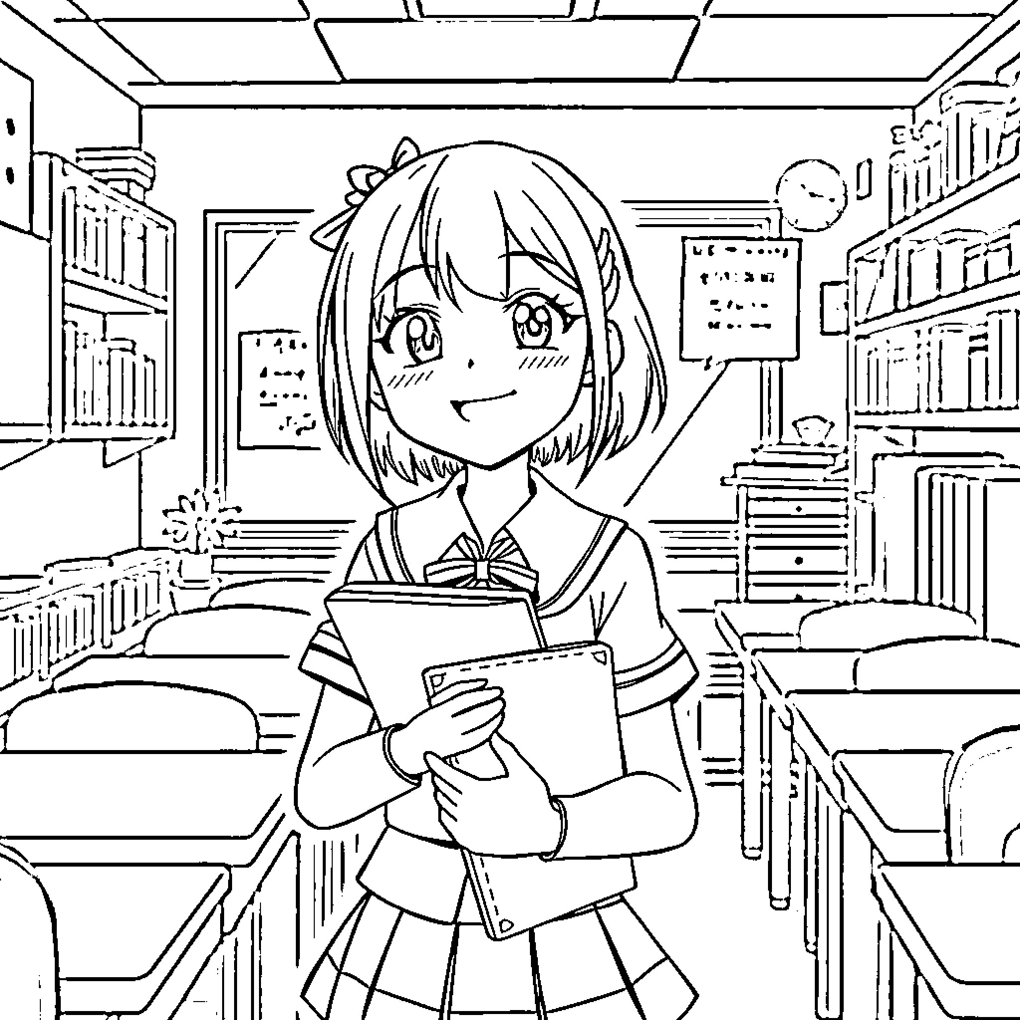 Monika Smiling Happily in the Classroom Coloring Page (free black-and-white line drawing printable PDF for all, from beginners to advanced learners, including children, teens, adults, and seniors)