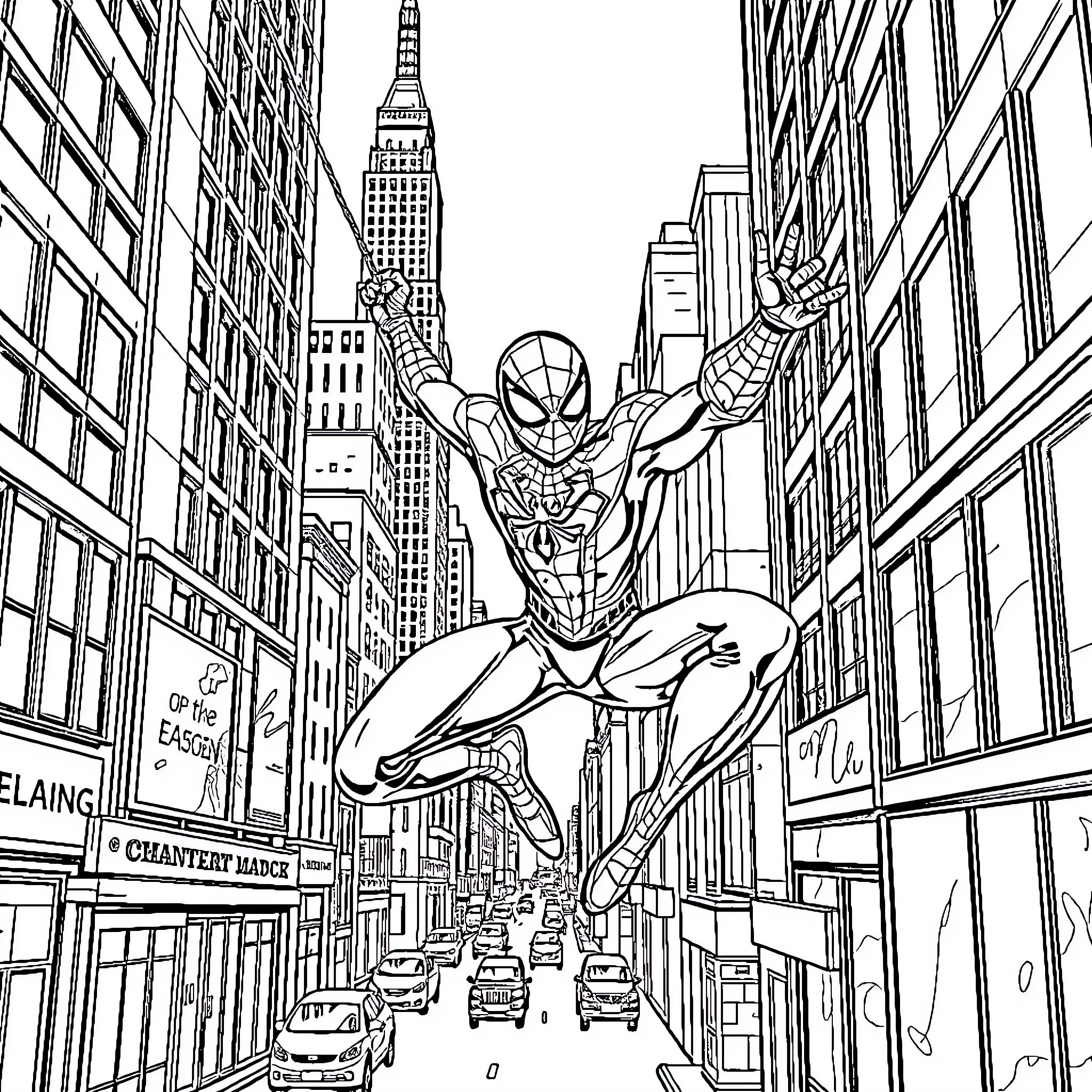Spiderman swinging through the city streets Coloring Page (free black-and-white line drawing printable PDF for all, from beginners to advanced learners, including children, teens, adults, and seniors)