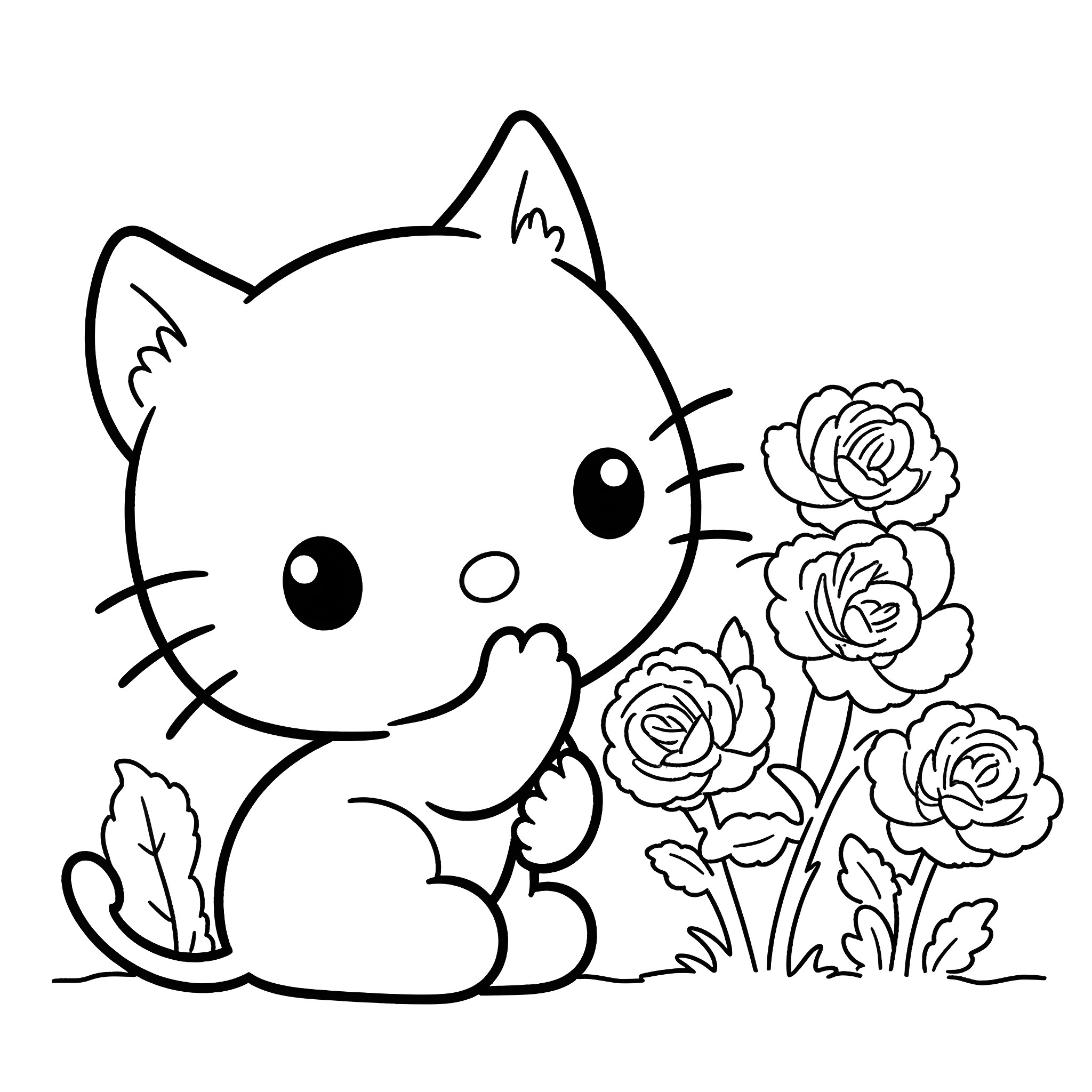 Hello Kitty playing with roses in the garden Coloring Page (free black-and-white line drawing printable PDF for all, from beginners to advanced learners, including children, teens, adults, and seniors)