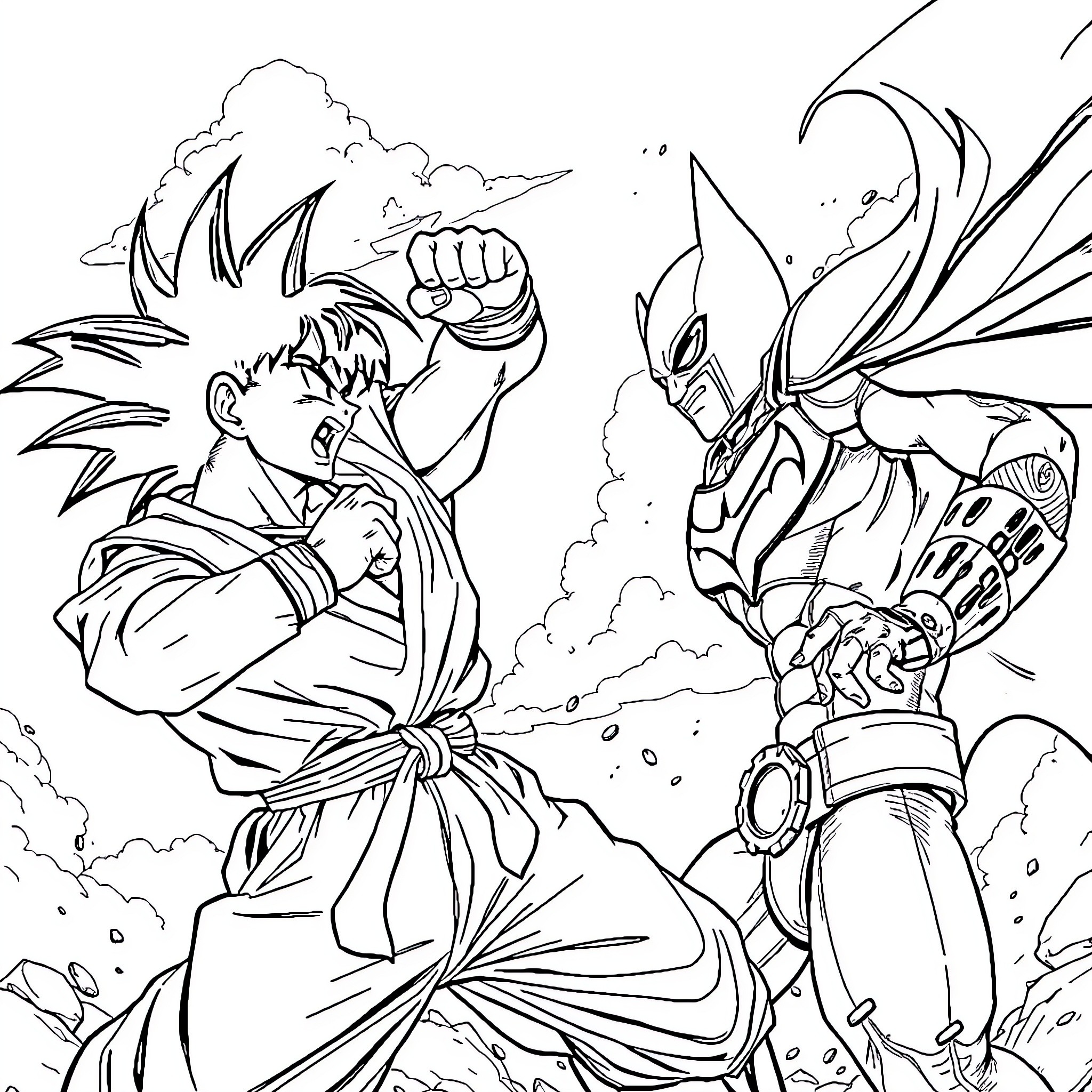 Goku and Vegeta in intense battle Coloring Page (free black-and-white line drawing printable PDF for all, from beginners to advanced learners, including children, teens, adults, and seniors)