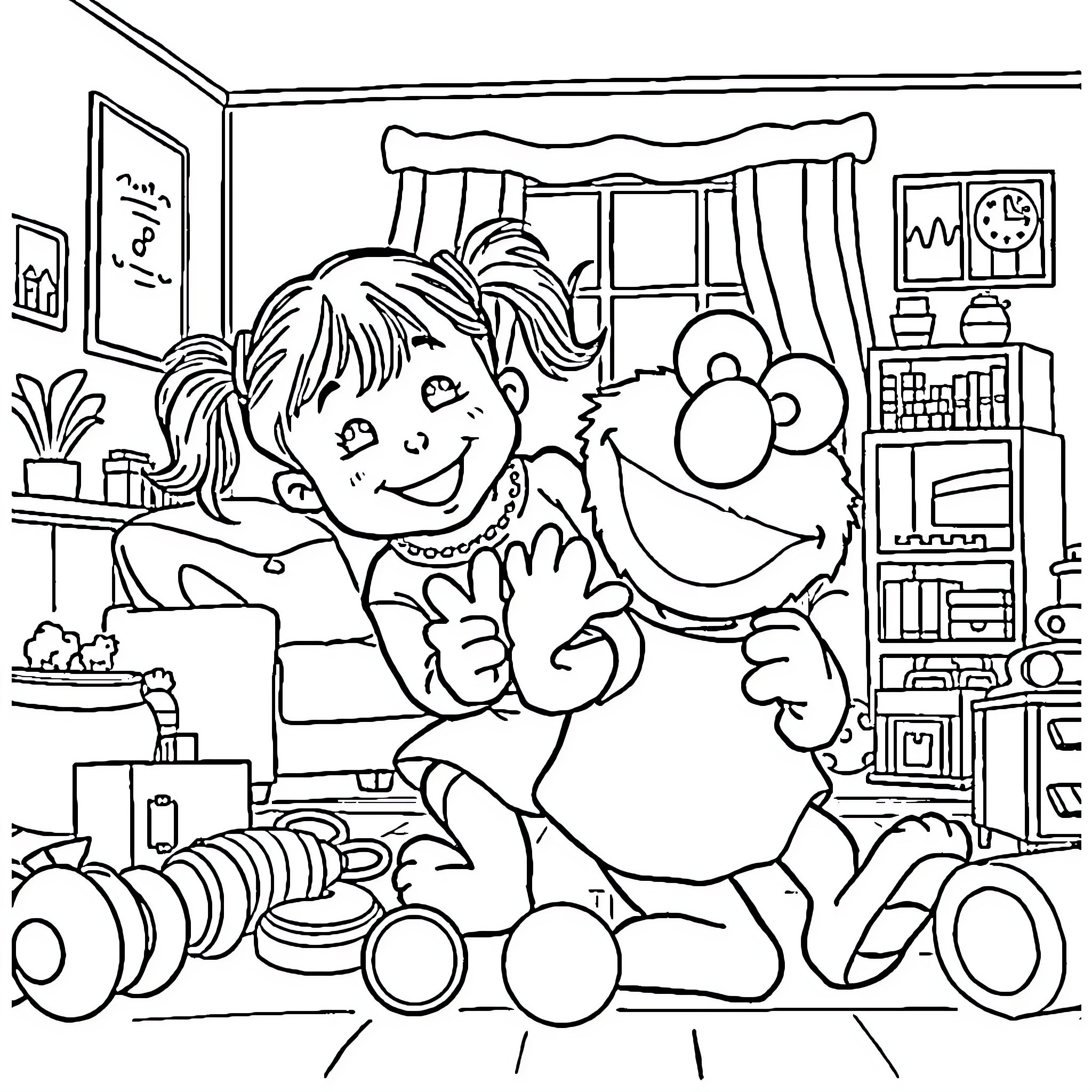 Elmo and friend playing in a cozy bedroom Coloring Page (free black-and-white line drawing printable PDF for all, from beginners to advanced learners, including children, teens, adults, and seniors)