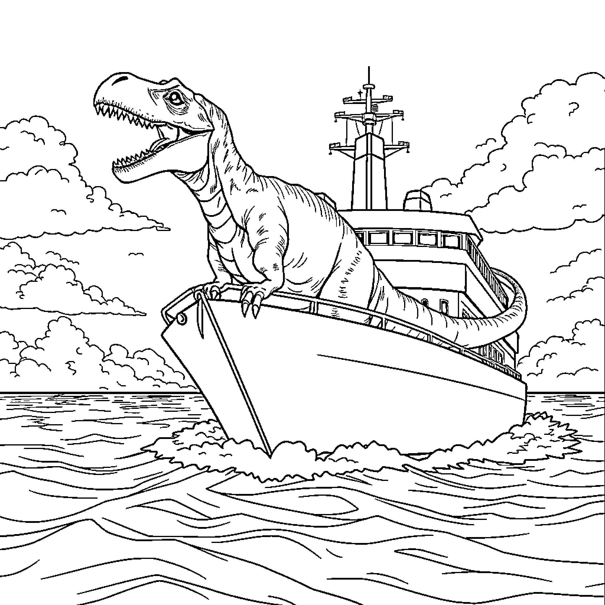 Dinosaur hunting on a mysterious oceanic vessel Coloring Page (free black-and-white line drawing printable PDF for all, from beginners to advanced learners, including children, teens, adults, and seniors)