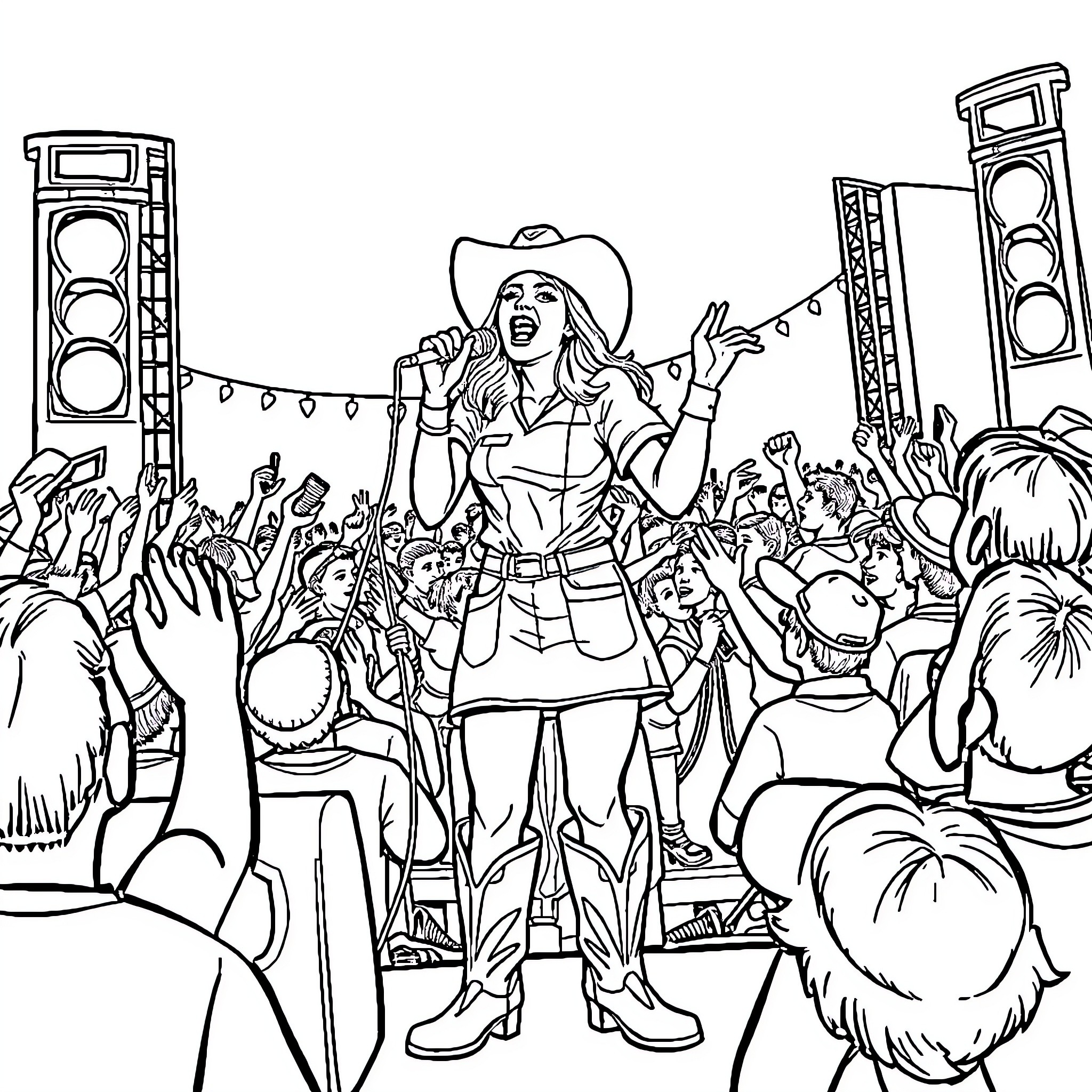 Nurse Performing at Lively Music Festival Coloring Page (free black-and-white line drawing printable PDF for all, from beginners to advanced learners, including children, teens, adults, and seniors)