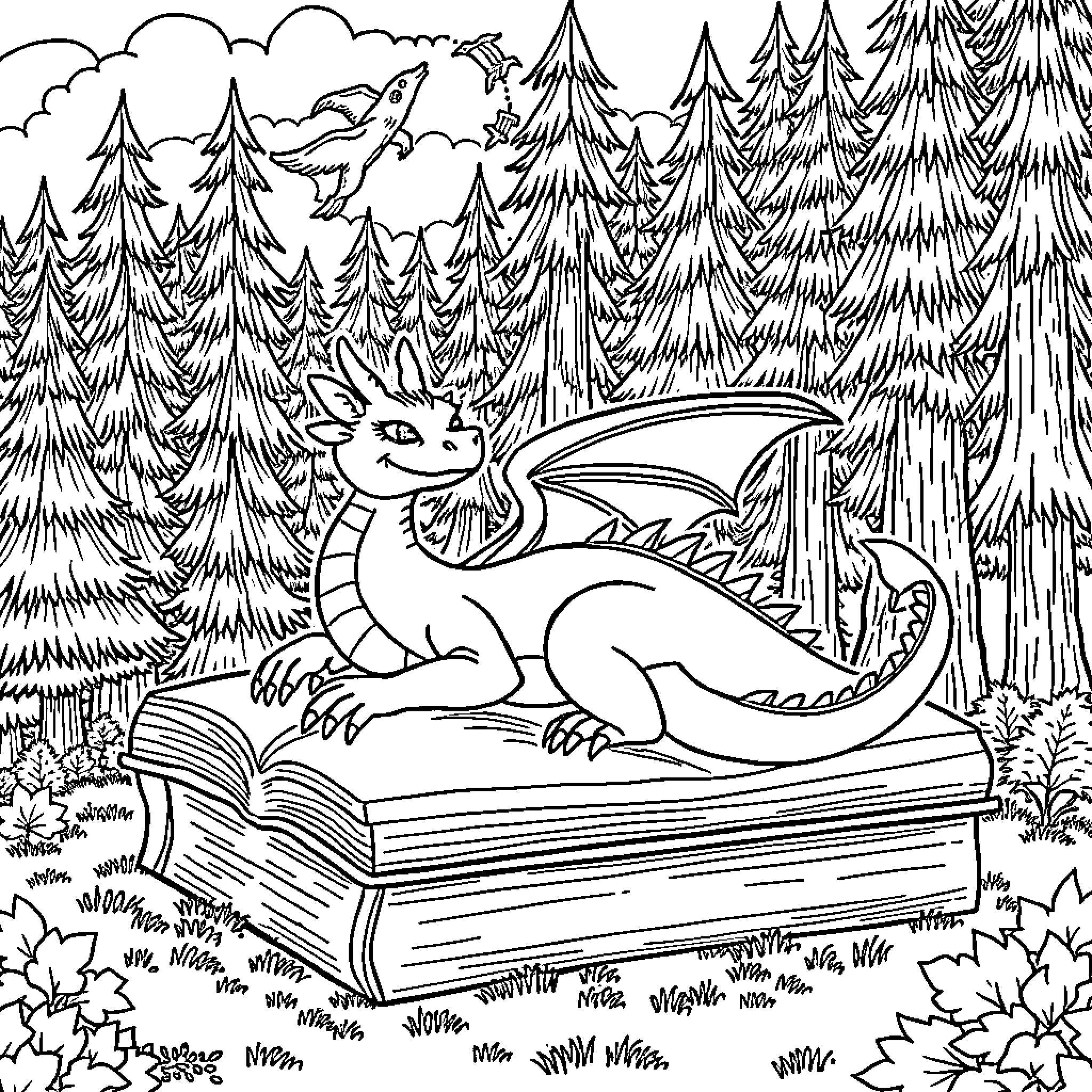 Dragon resting on an open book in a forest Coloring Page (free black-and-white line drawing printable PDF for all, from beginners to advanced learners, including children, teens, adults, and seniors)