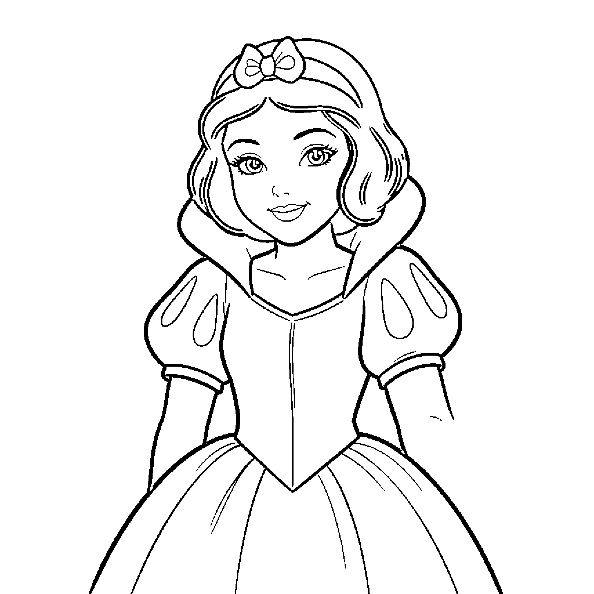 Snow White in a Lovely Princess Gown Coloring Page (free black-and-white line drawing printable PDF for all, from beginners to advanced learners, including children, teens, adults, and seniors)