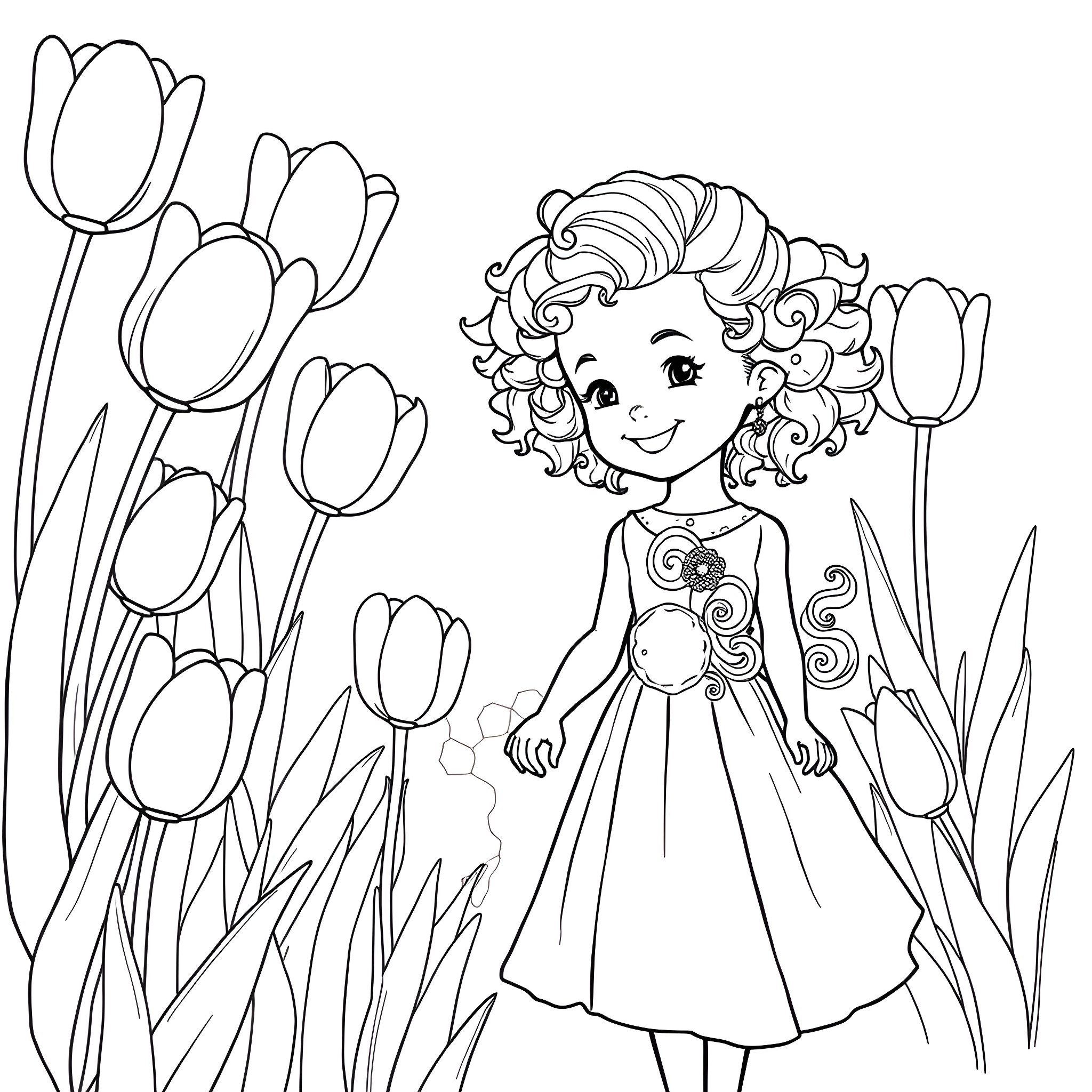 Girl in flower garden with tulips Coloring Page (free black-and-white line drawing printable PDF for all, from beginners to advanced learners, including children, teens, adults, and seniors)