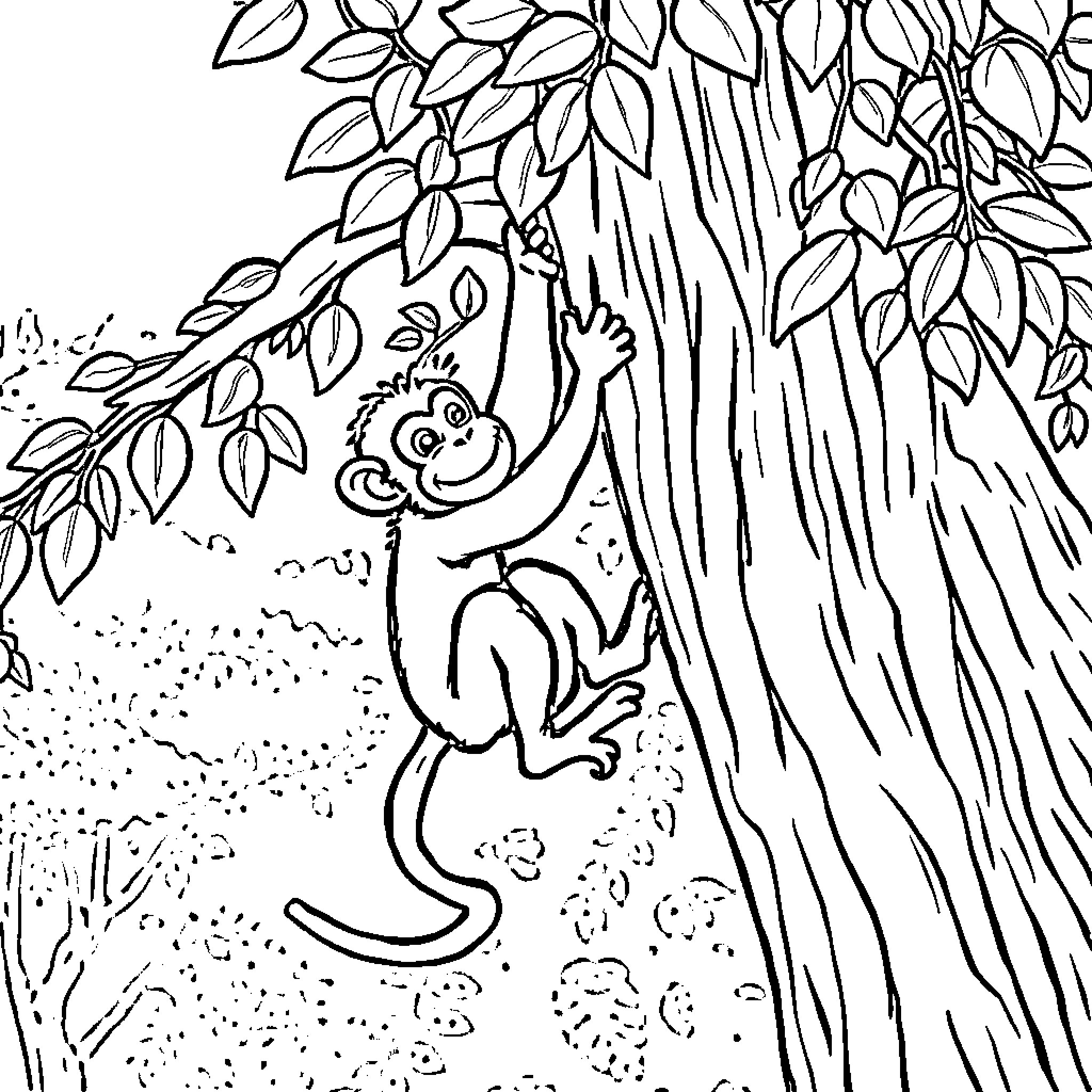 Monkey swinging on a tree branch Coloring Page (free black-and-white line drawing printable PDF for all, from beginners to advanced learners, including children, teens, adults, and seniors)