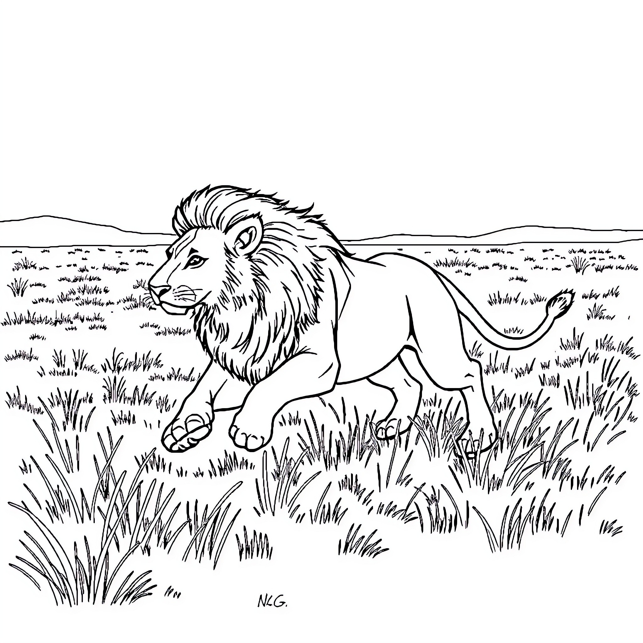 Lion resting in grassy wilderness Coloring Page (free black-and-white line drawing printable PDF for all, from beginners to advanced learners, including children, teens, adults, and seniors)