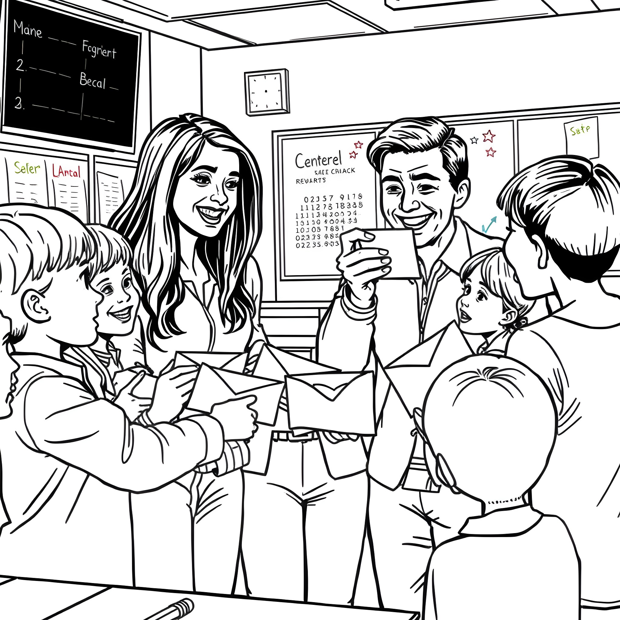 Teacher Engaging Students with Enthusiasm in the Classroom Coloring Page (free black-and-white line drawing printable PDF for all, from beginners to advanced learners, including children, teens, adults, and seniors)