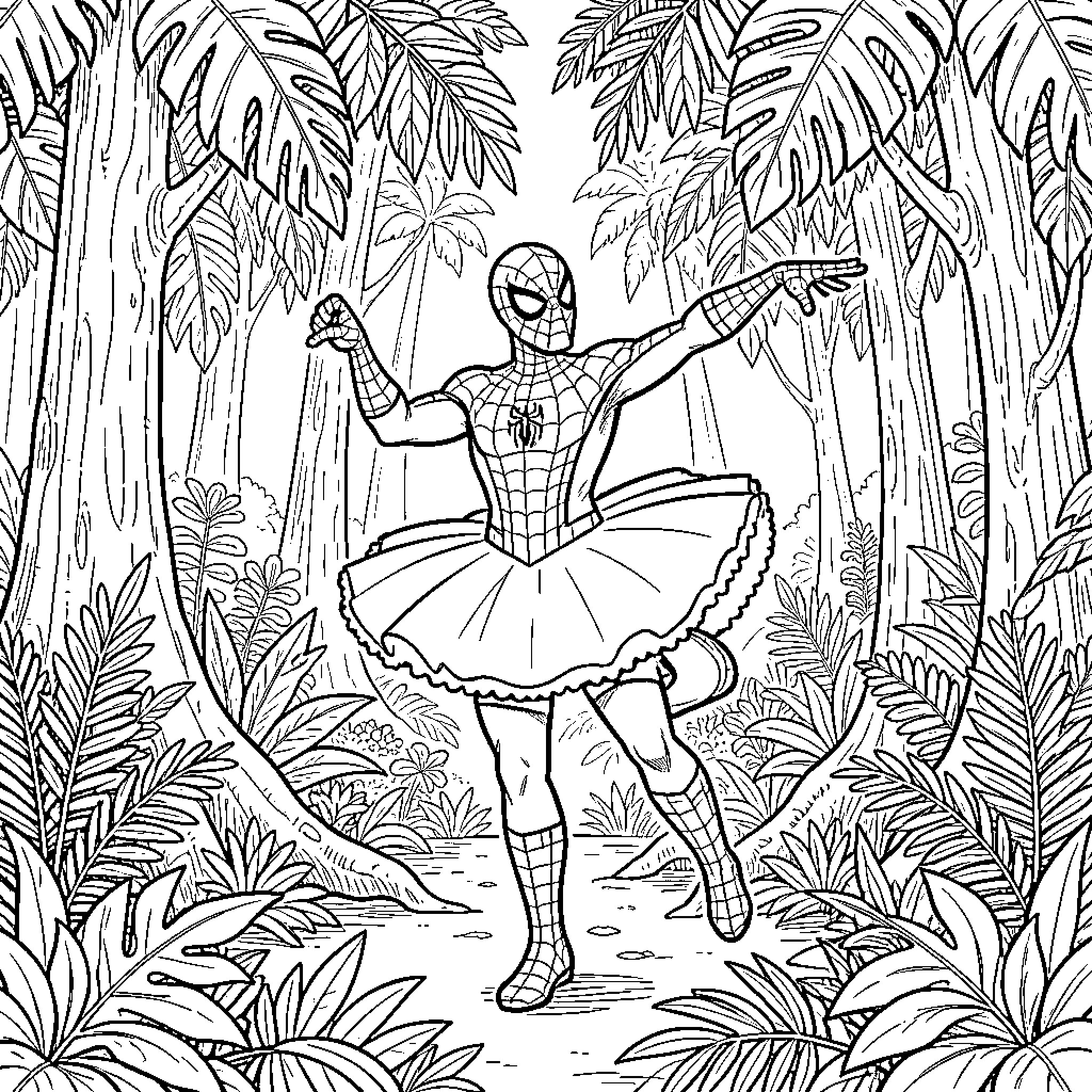 Spiderman dancing in a tutu within a jungle Coloring Page (free black-and-white line drawing printable PDF for all, from beginners to advanced learners, including children, teens, adults, and seniors)