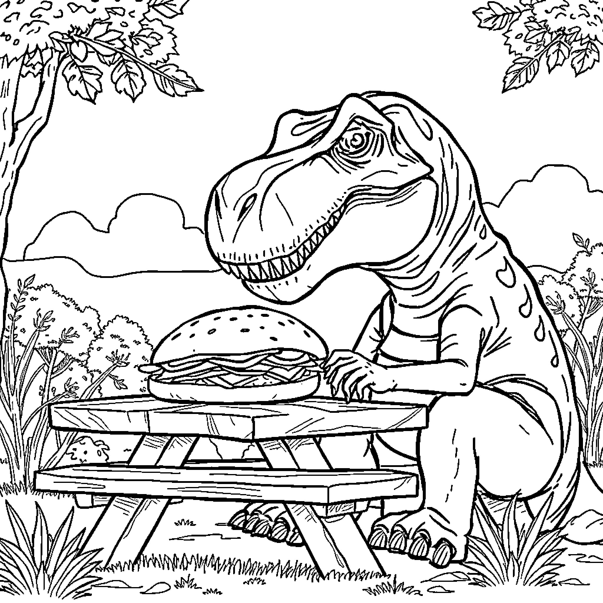 T-Rex enjoying a jurassic burger picnic Coloring Page (free black-and-white line drawing printable PDF for all, from beginners to advanced learners, including children, teens, adults, and seniors)