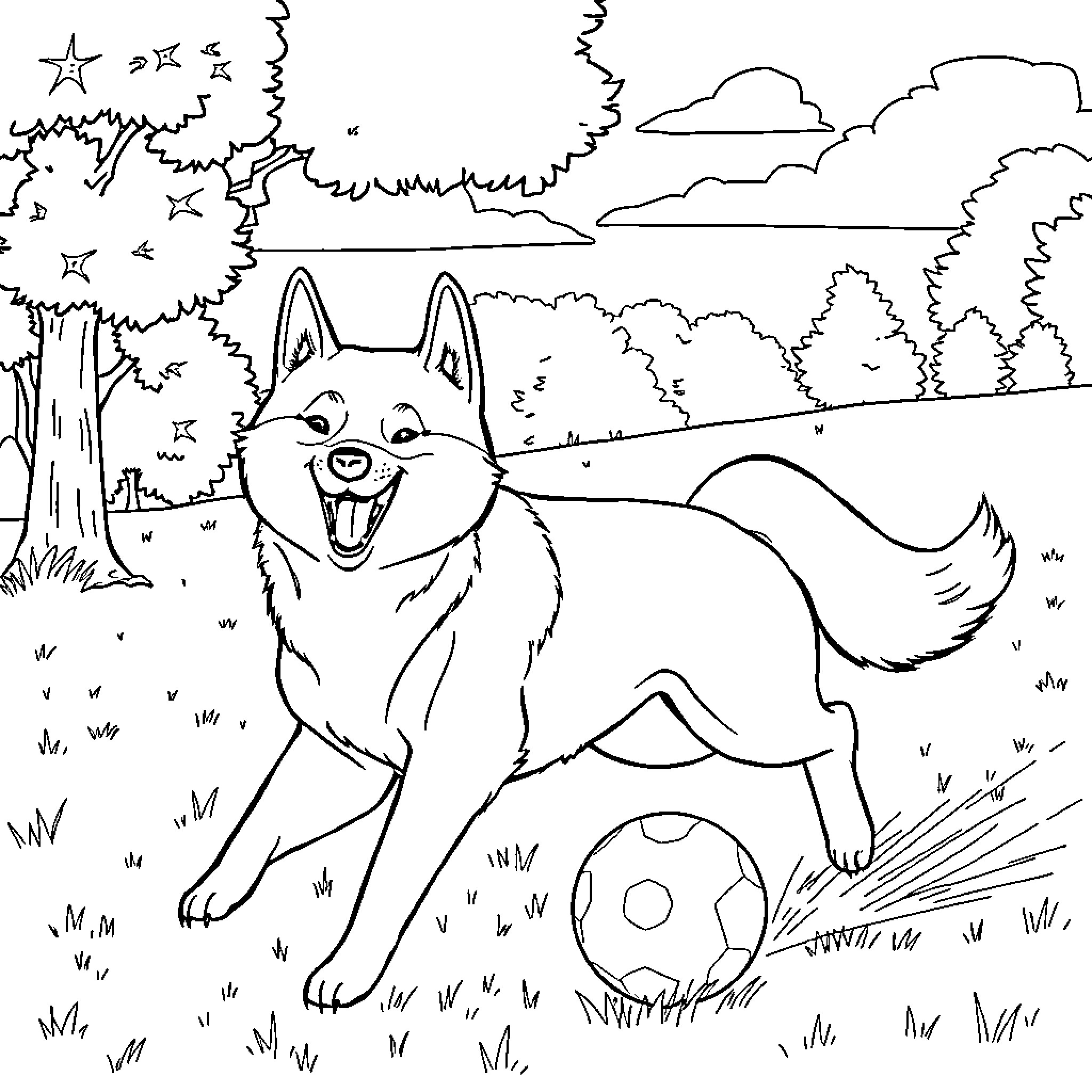 Shiba pup exploring outdoors with playful expression Coloring Page (free black-and-white line drawing printable PDF for all, from beginners to advanced learners, including children, teens, adults, and seniors)
