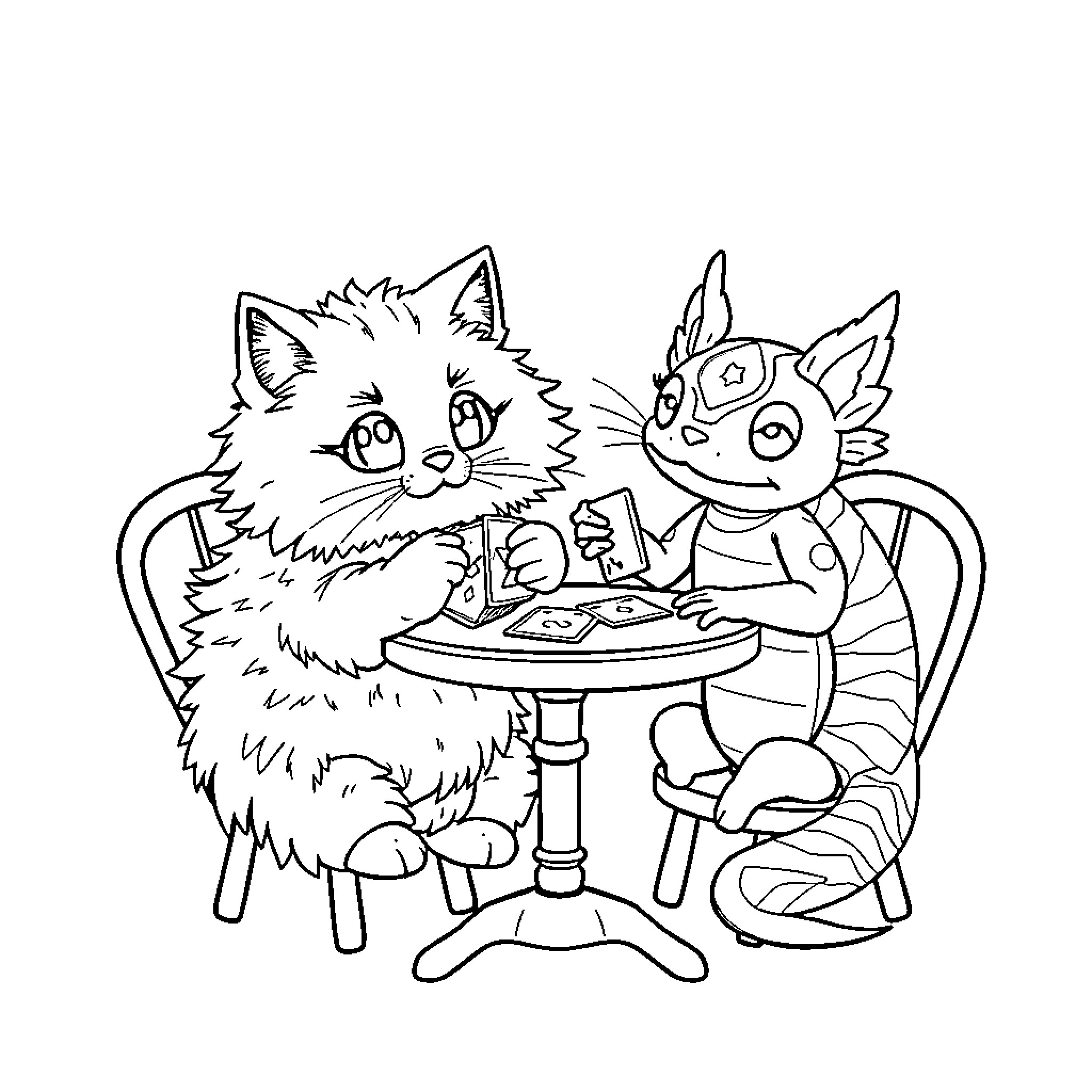 Cat Enjoying Meal with Colorful Companion Coloring Page (free black-and-white line drawing printable PDF for all, from beginners to advanced learners, including children, teens, adults, and seniors)
