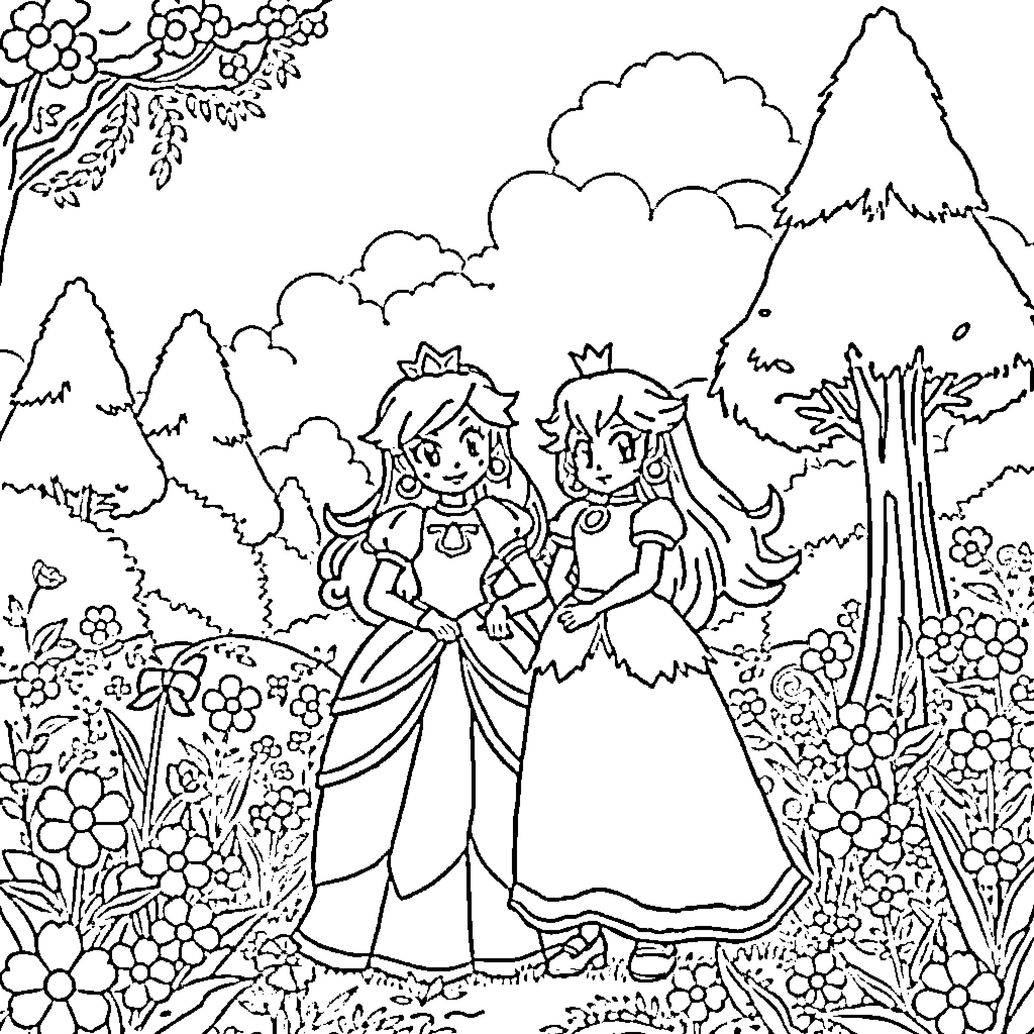 Zoey and friend smiling together in a flowery garden Coloring Page (free black-and-white line drawing printable PDF for all, from beginners to advanced learners, including children, teens, adults, and seniors)