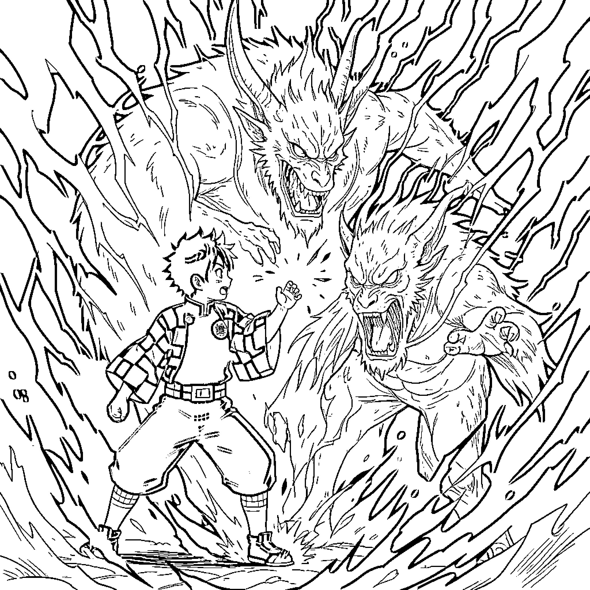 Tanjiro's confrontation with ferocious demons Coloring Page (free black-and-white line drawing printable PDF for all, from beginners to advanced learners, including children, teens, adults, and seniors)