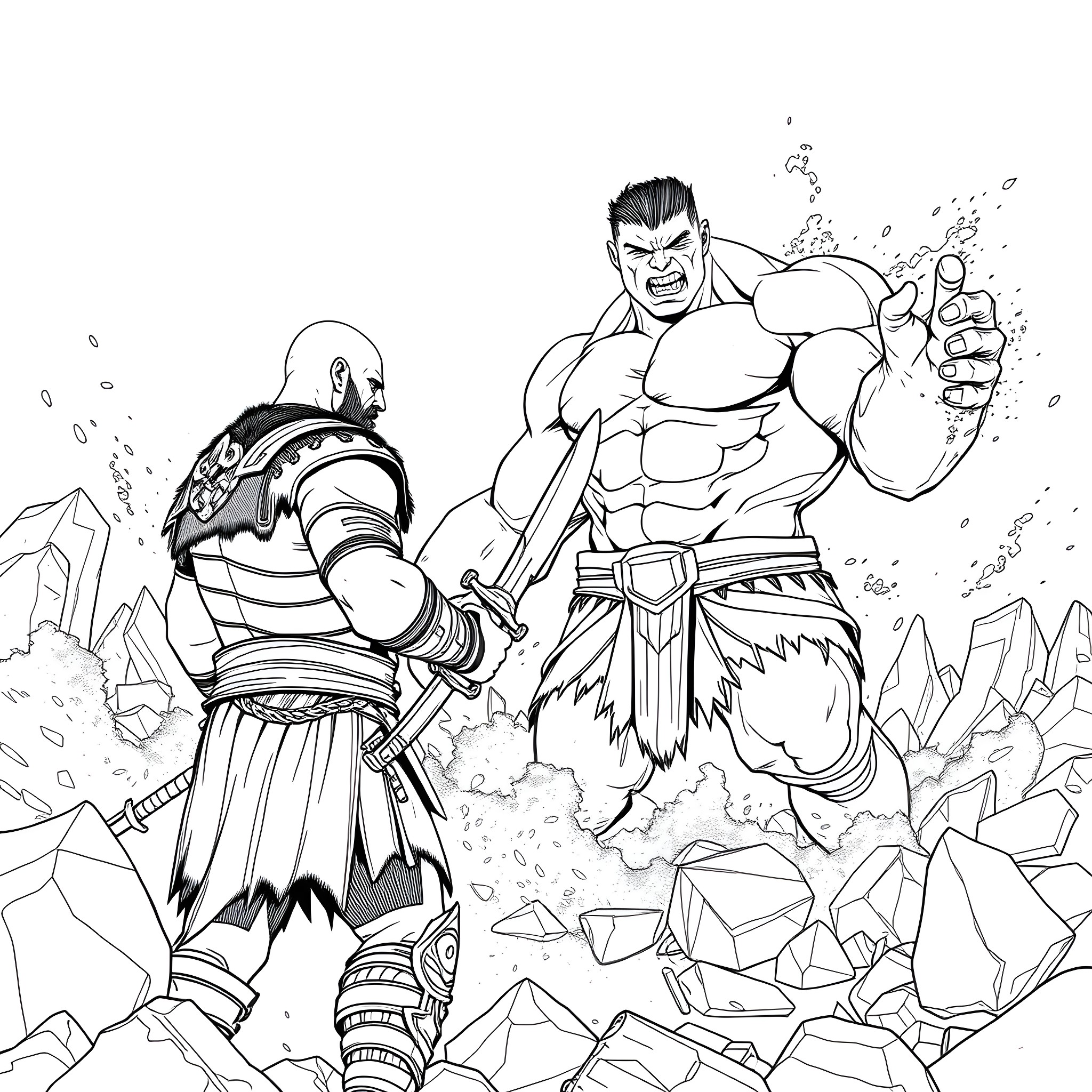 Kratos in Epic Battle with Mighty Warrior Coloring Page (free black-and-white line drawing printable PDF for all, from beginners to advanced learners, including children, teens, adults, and seniors)